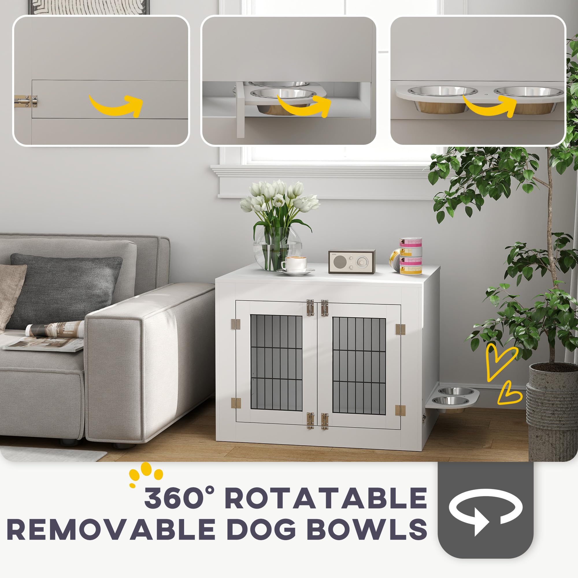 PawHut Dog Crate Furniture with Removable Bowls, 31.5"x23.6"x24.8", Engineered Wood, White, Model D02-212V00WT