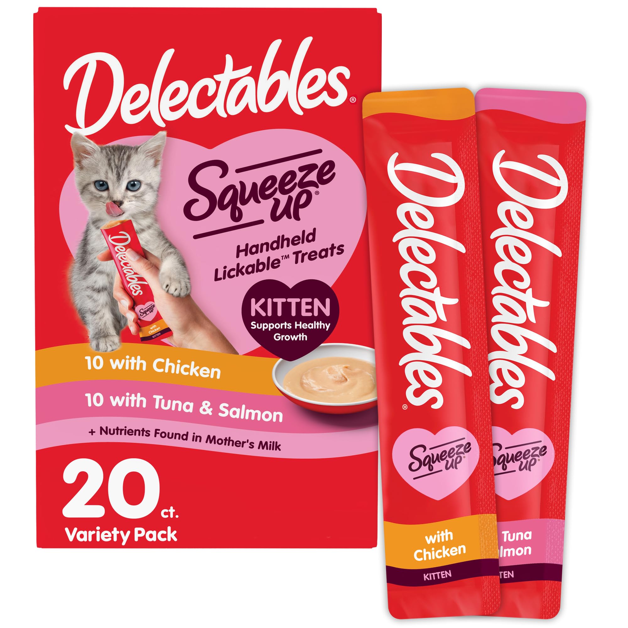 Delectables Squeeze Up Kitten Variety Pack, Creamy Squeezable Puree, Lickable Wet Cat Treats, Grain Free, No Added Fillers, No b