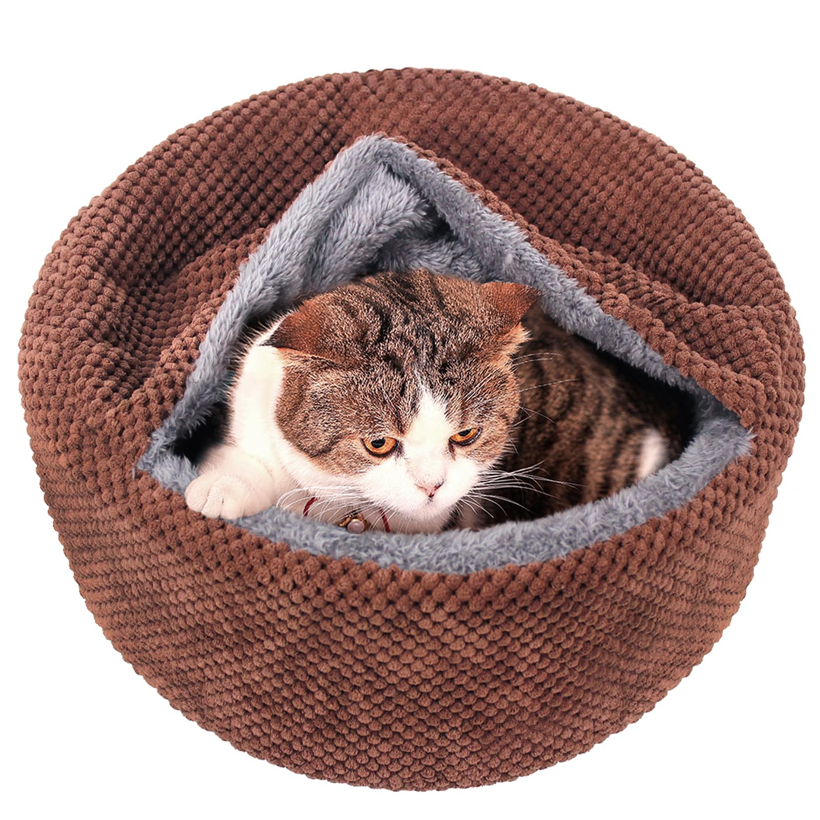 Winsterch Washable Cat Bed - Round Soft, Cozy & Warming For Indoor Cats. Calming Kitten Pet Bed. Small Pet Covered Cat Cave Beds