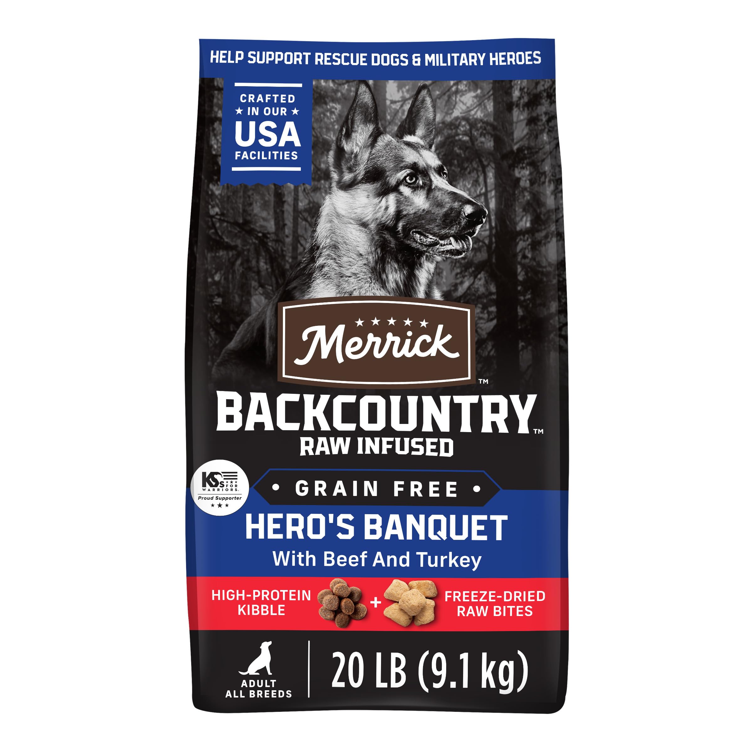 Merrick Backcountry Grain Free Dry Adult Dog Food, Kibble With Freeze Dried Raw Pieces, Heros Banquet Recipe - 20.0 lb. Bag