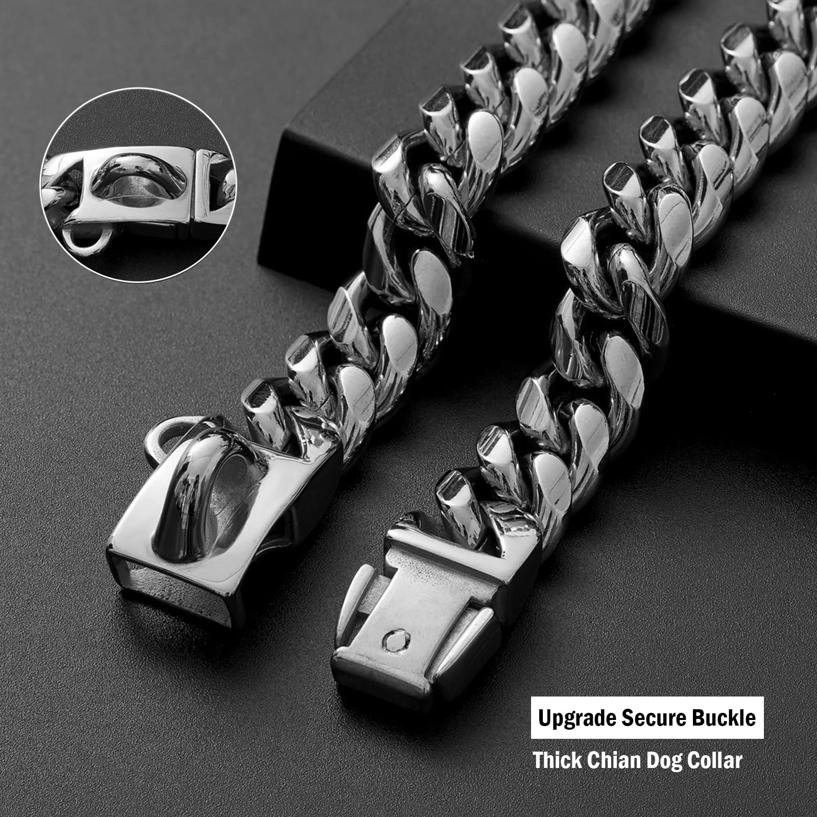 Strong Stainless Steel Silver Dog Collars with Safety Buckle Lock,Cuban Link Chain Training Walking Collar,Dog Necklace Chain fo