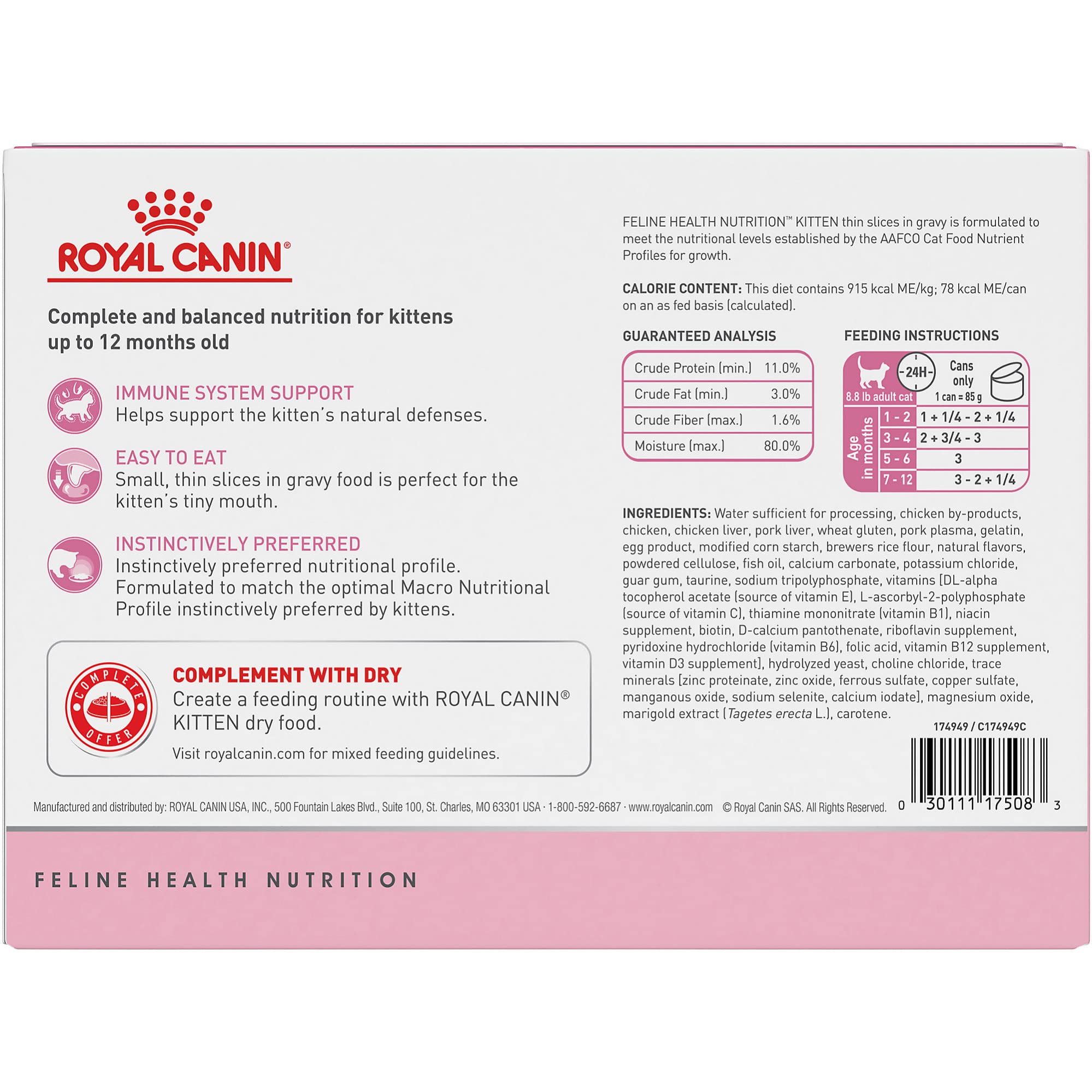 Royal Canin Feline Health Nutrition Kitten Thin Slices in Gravy Canned Cat Food, 3 oz cans 12-pack