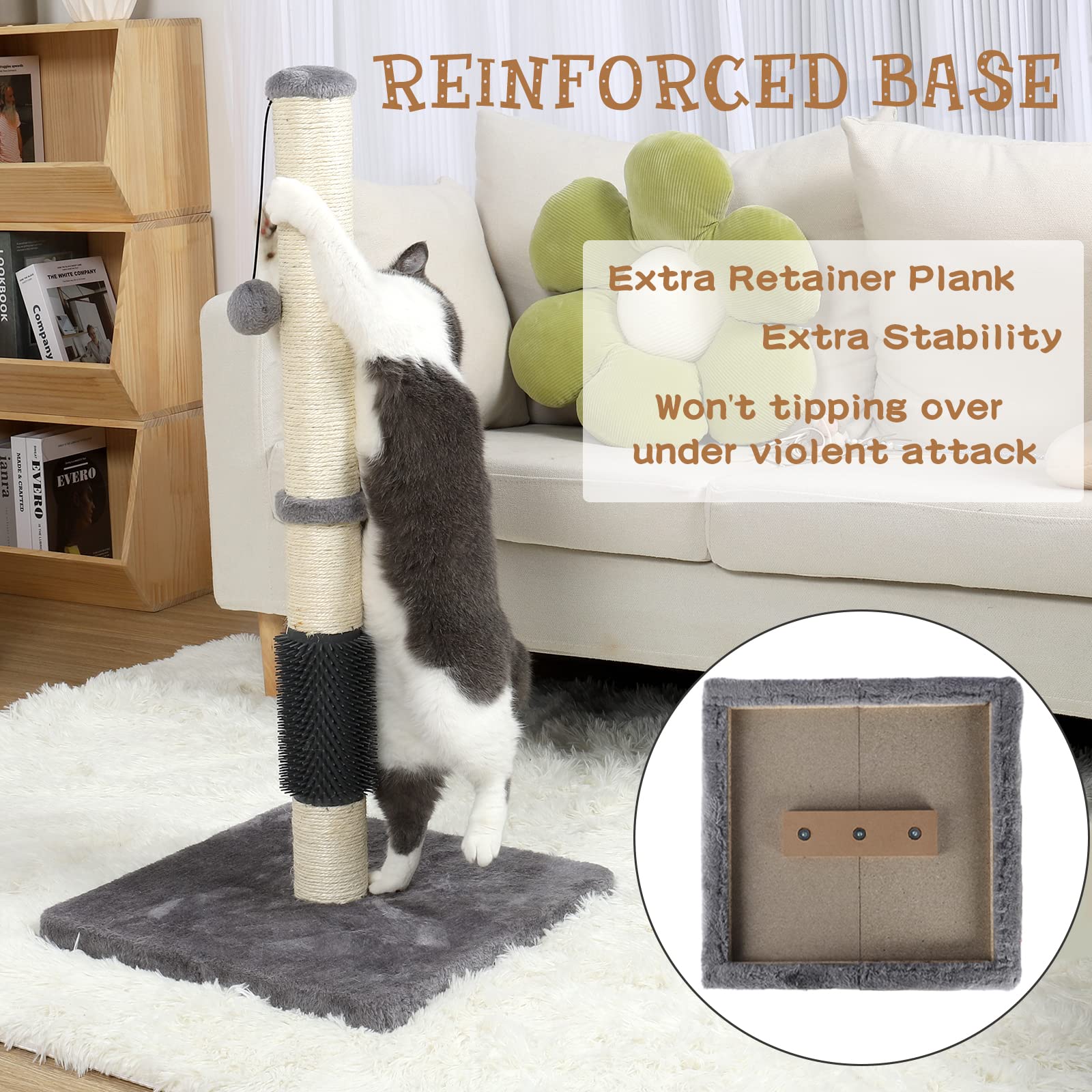 Anwa Tall Cat Scratching Posts For Indoor Cats And Kittens, 32?Vertical Scratching Post With Reinforced Base, Premium Sisal Cat Scratching Post With Dangling Plush Ball And Self-Grooming Brush
