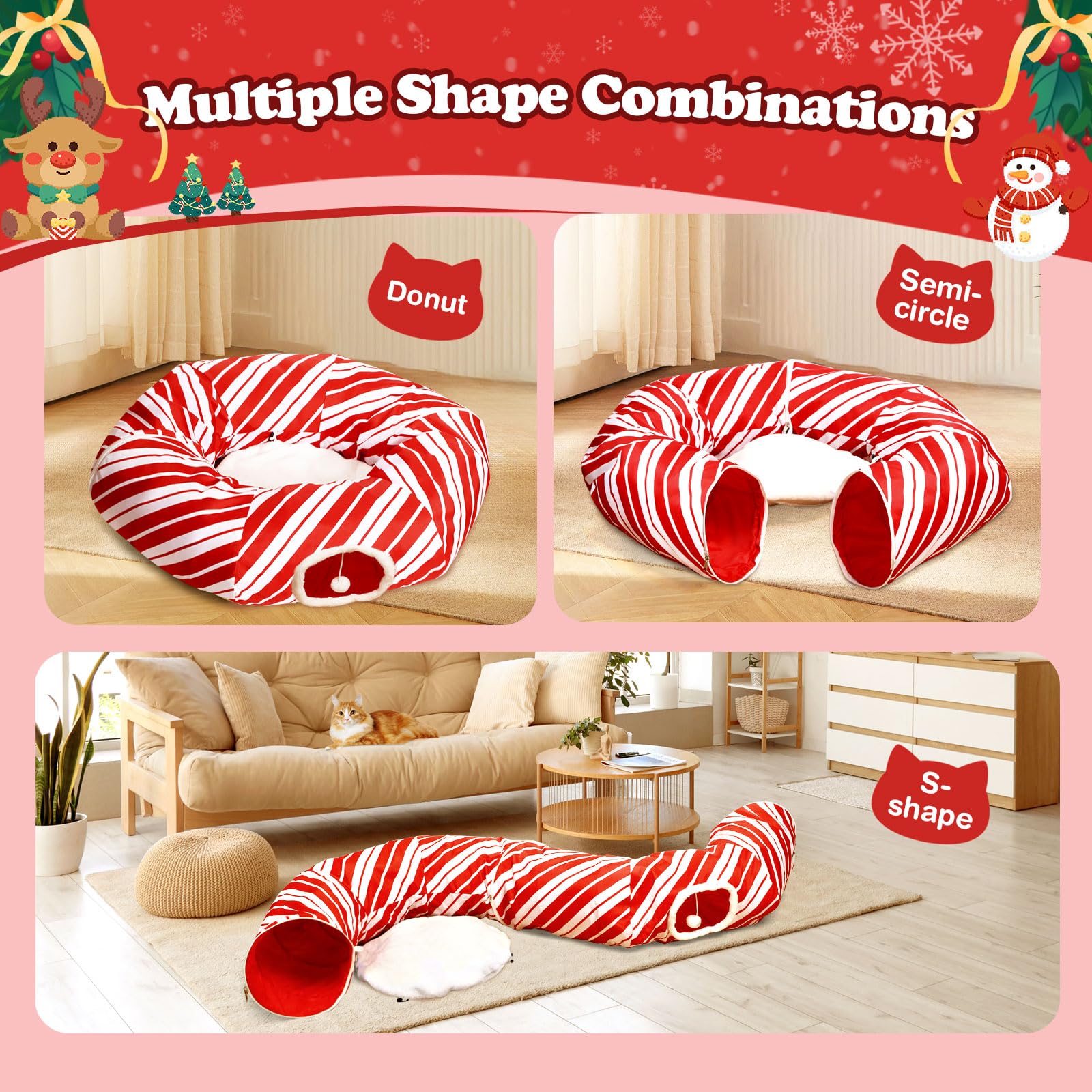 Cat Tunnel Bed Peekaboo Cat Cave Donut Under Christmas Tree Candy Cane Design Festive Decor Perfect For Small Medium Large Cats,