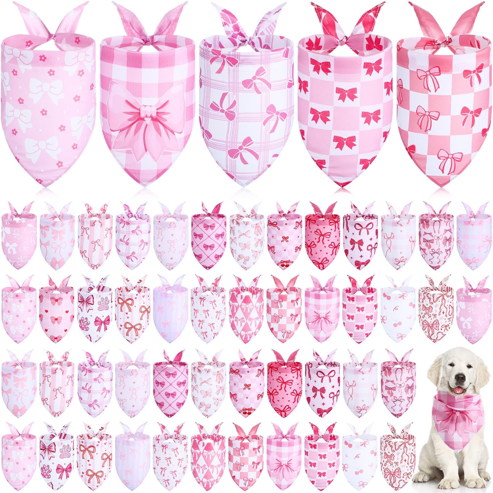 Kacctyen 50 Pcs Pink Bow Dog Bandanas Bulk Coquette Bowknot Triangle Pet Scarf Cute Adjustable Puppy Neckerchief Aesthetic Puppy