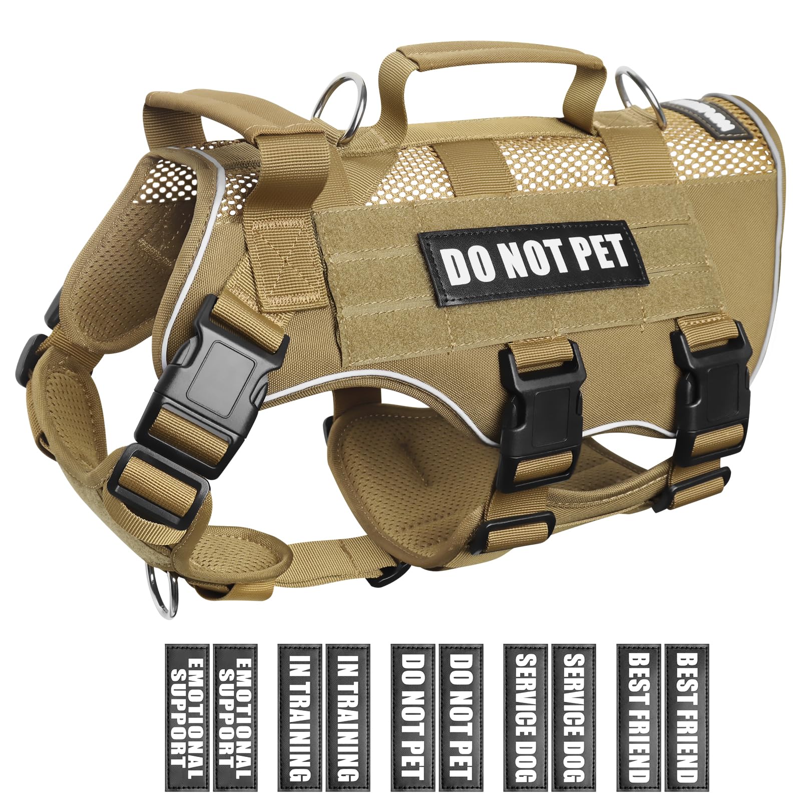 Winsee Mesh Dog Harness With 10 Pet Patches For Large Service Dog In Training, Breathable Tactical Molle Vest With Double Handle