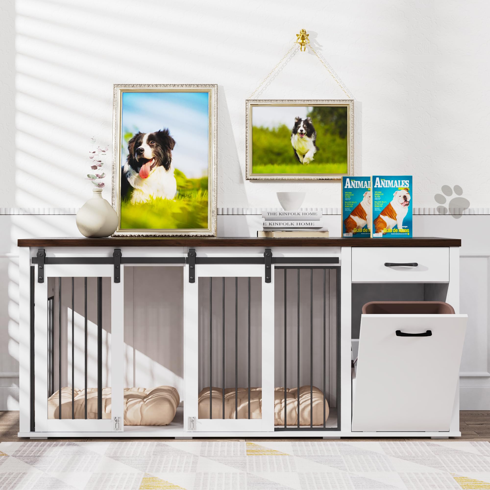 YOCONYO Large Dog Crate Furniture Large Breed,71 Inch Wooden Dog Crate with Tilt Out Trash Cabinet,Drawers,Divider and Sliding B