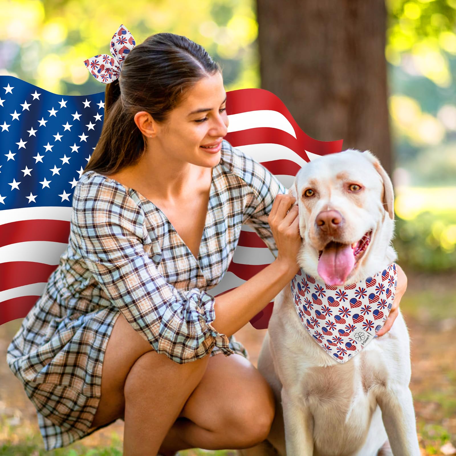 E-Clover 4Th Of July Dog Bandanas & Matching Scrunchie Set American Flag Dog Scarf Bibs Pet Bandana With Bow Tie For Medium Larg