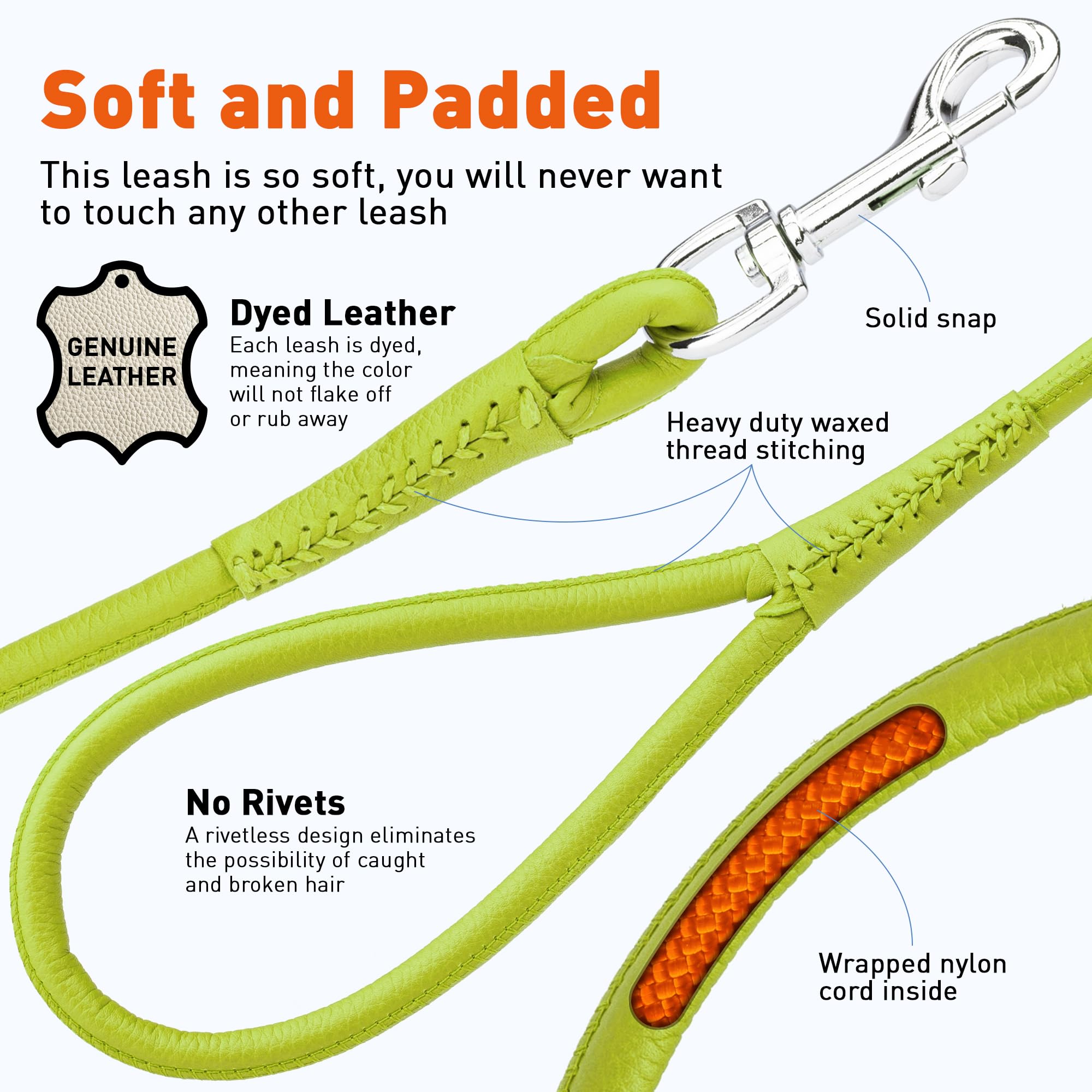 Dogline Soft And Padded Rolled Round Leather Leash For Dogs W3/8' - L72, Lime Green