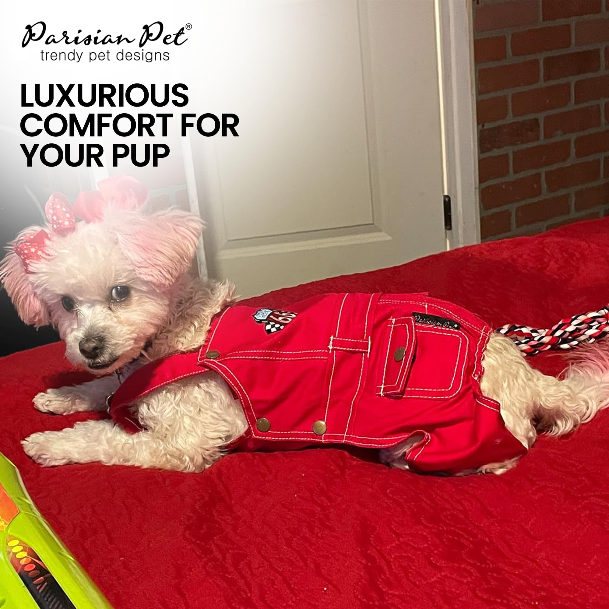 Parisian Pet Denim Overall - Embroidered Route 66 ' Red Jumpsuit - Breathable & Washable Dog Outfit - Dog Overalls Xl