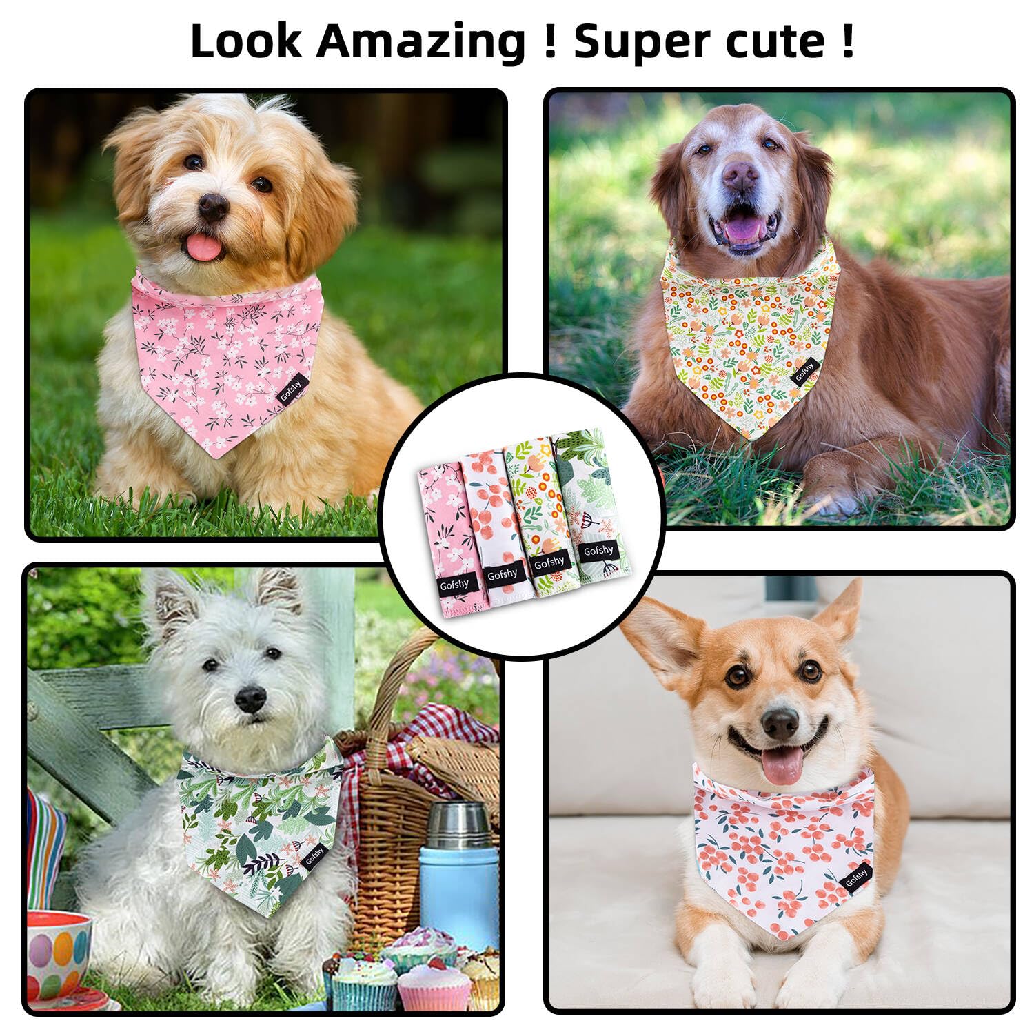 Gofshy XLarge Summer Spring Dog Bandanas-4PCS Pink Green Orange Floral Printing Dog Scarf Bib Kerchief Breed for Large Girl Dogs