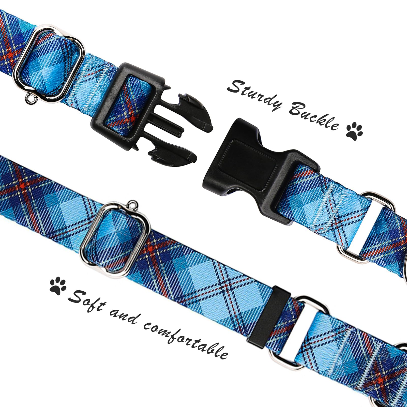 Hikiko Dog Collar For Small Medium Large Dogs, Adjustable Nylon Martingale Collars With Quick Release Buckle (Blue Plaid,L)