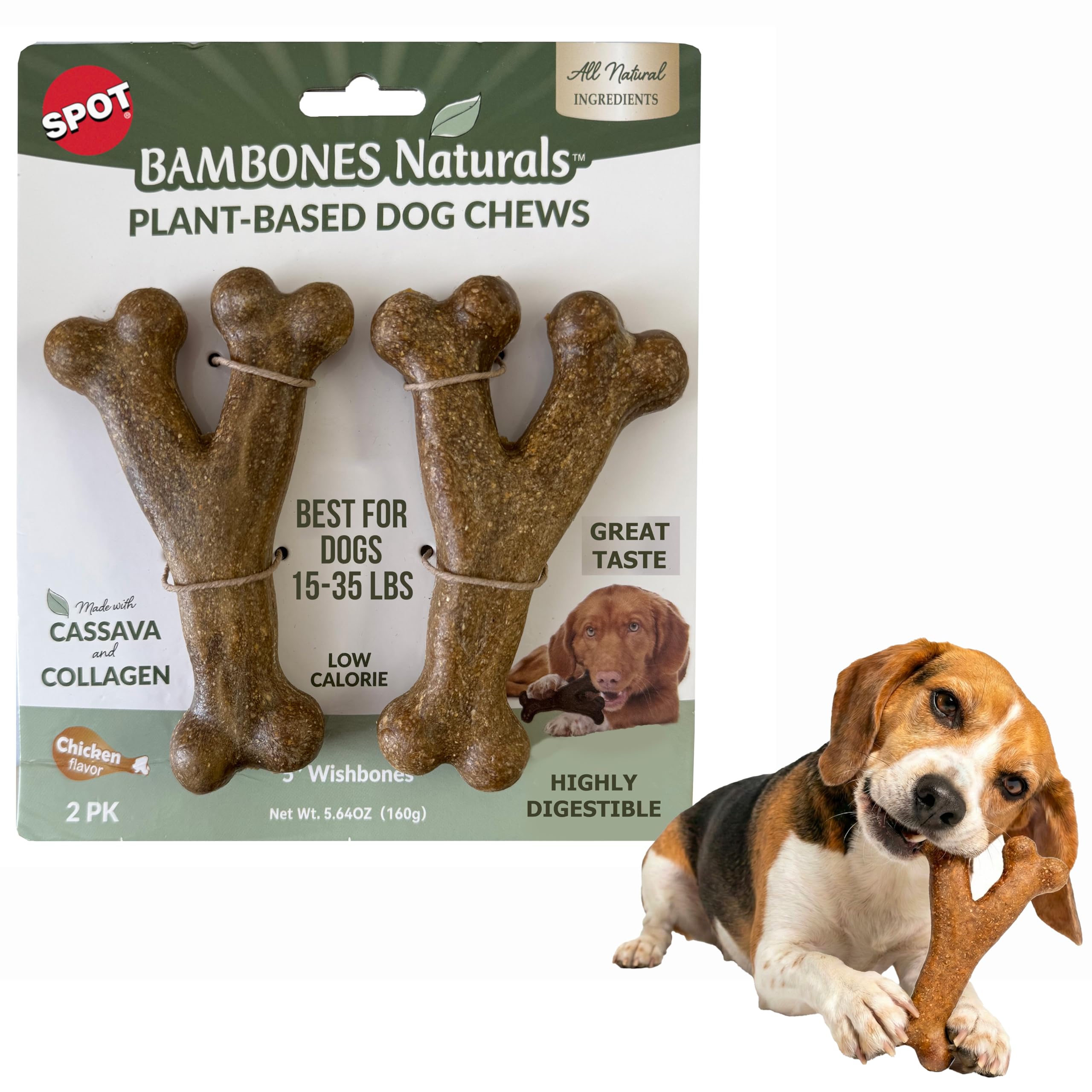 SPOT Bambones Naturals Wishbone Dog Chews, 5 Inch - Plant-Based Cassava & Collagen Chews for Medium Dogs 15-35 lbs, Low-Calorie,