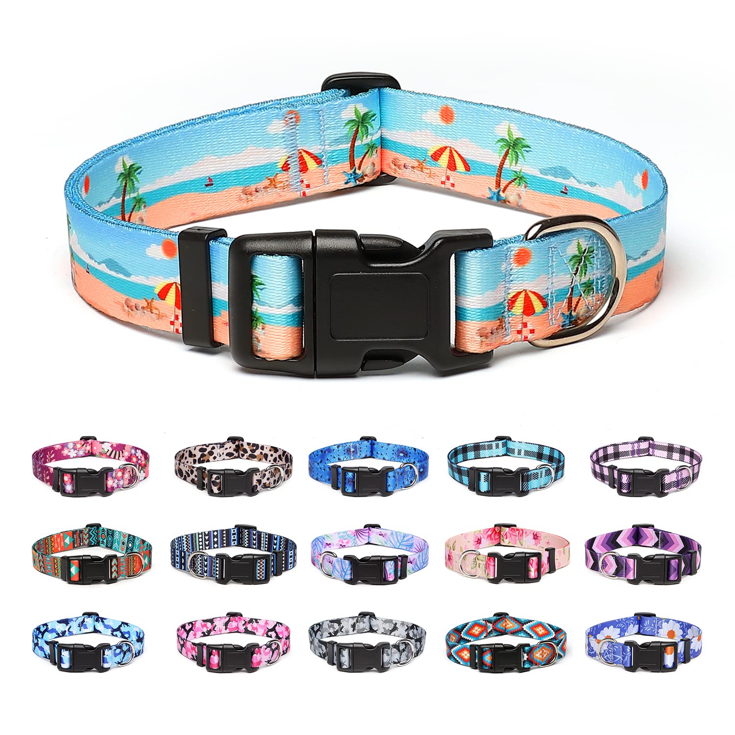 Suredoo Adjustable Dog Collar With Patterns, Ultra Comfy Soft Nylon Breathable Pet Collar For Small Medium Large Dogs (M, Summer Beach)