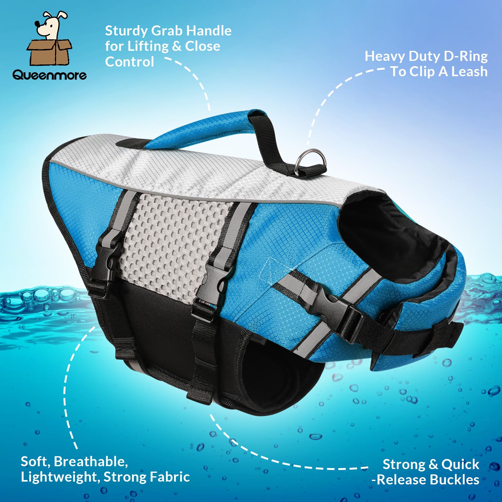 Queenmore Dog Life Jacket Vest For Swimming Boating Kayaking, Small Medium Doggie Puppy Life Preserver Lifesaver Pet Pfd Lifejac