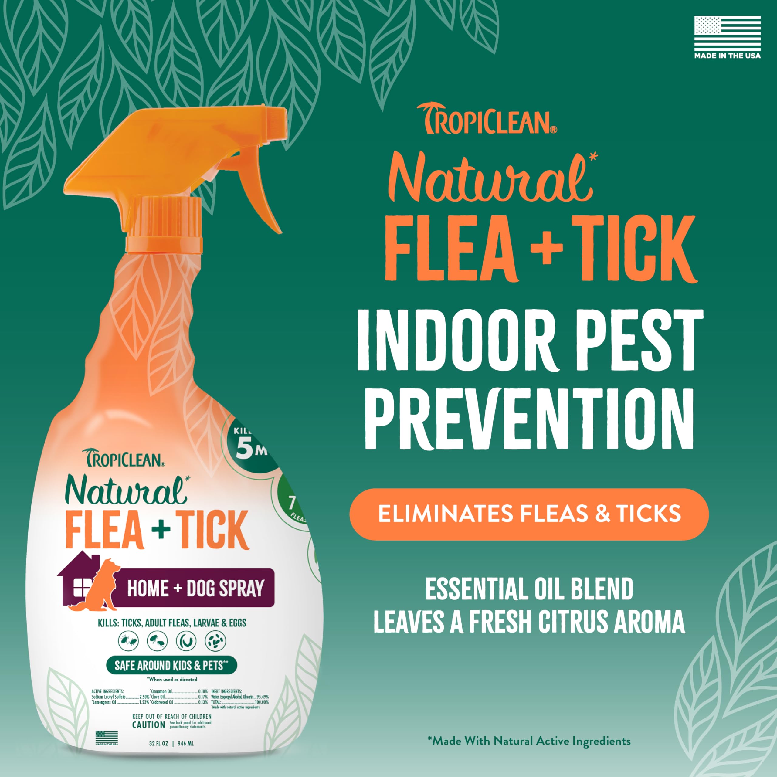 TropiClean Max Strength Flea and Tick Treatment Spray for Home, Safe Prevention Around Kids, Powerful & Natural Defense, Made in