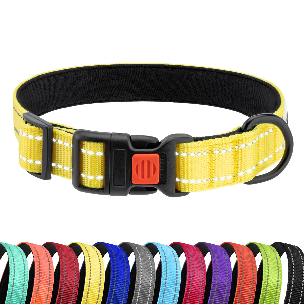 Collardirect Reflective Padded Dog Collar For A Small, Medium, Large Dog Or Puppy With A Quick Release Buckle - Boy And Girl - Nylon Suitable For Swimming (18-26 Inch, Yellow)