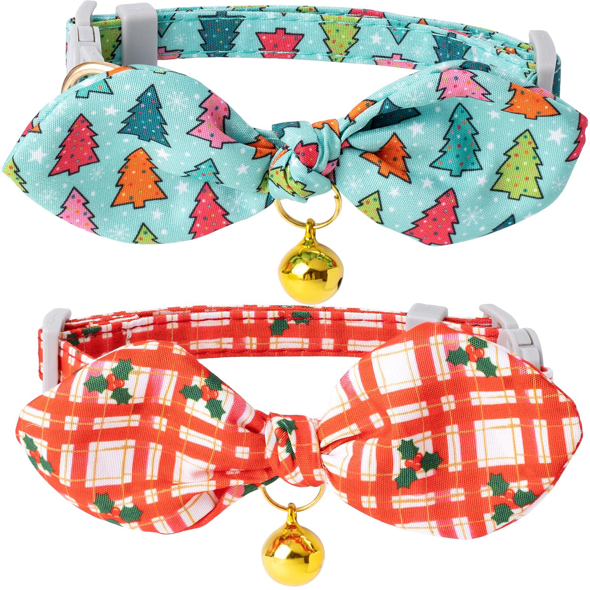 Faygarsle 2 Pack Breakaway Cute Christmas Cat Collars With Bell Cat Collar With Bow For Girl Boy Cats Red Plaid Christmas Tree P