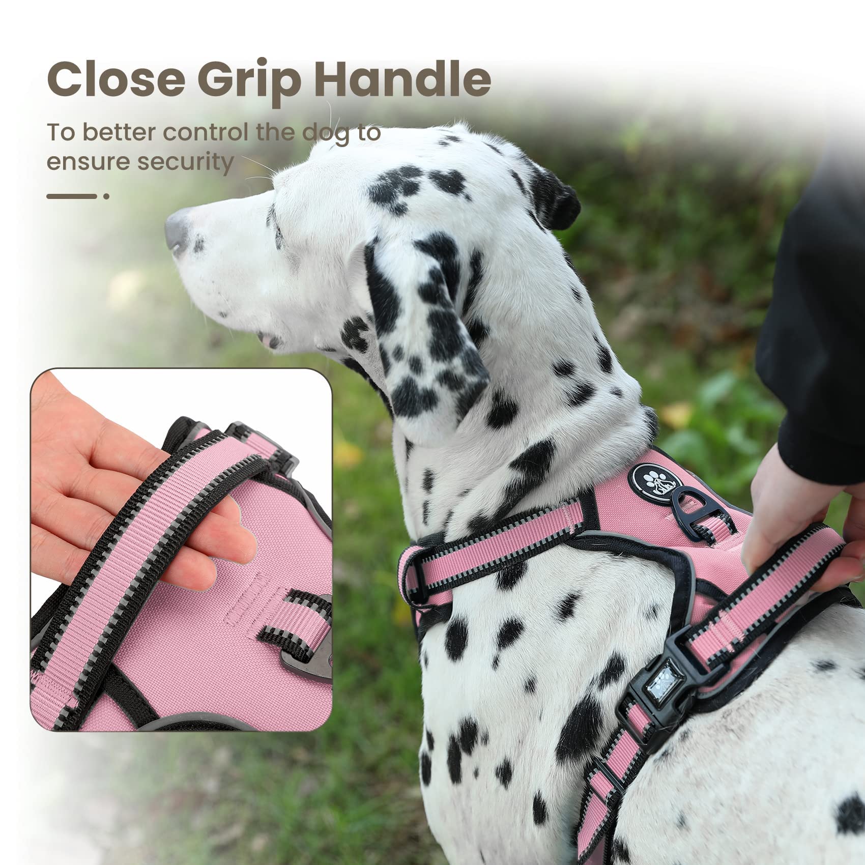 FURRYFECTION XL No Pull Dog Harness, Reflective Vest, Adjustable, Soft Padded, Front Lead, Leash, Seat Belt, Pink