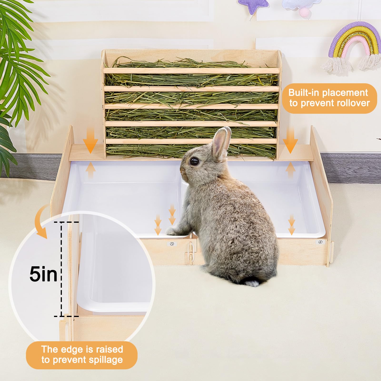 Glittme 2 In 1 Rabbit Litter Box With Hay Feeder Wood Mess Proof Bunny Litter Box With 2 Basins For Dwarf Rabbit, Bunny