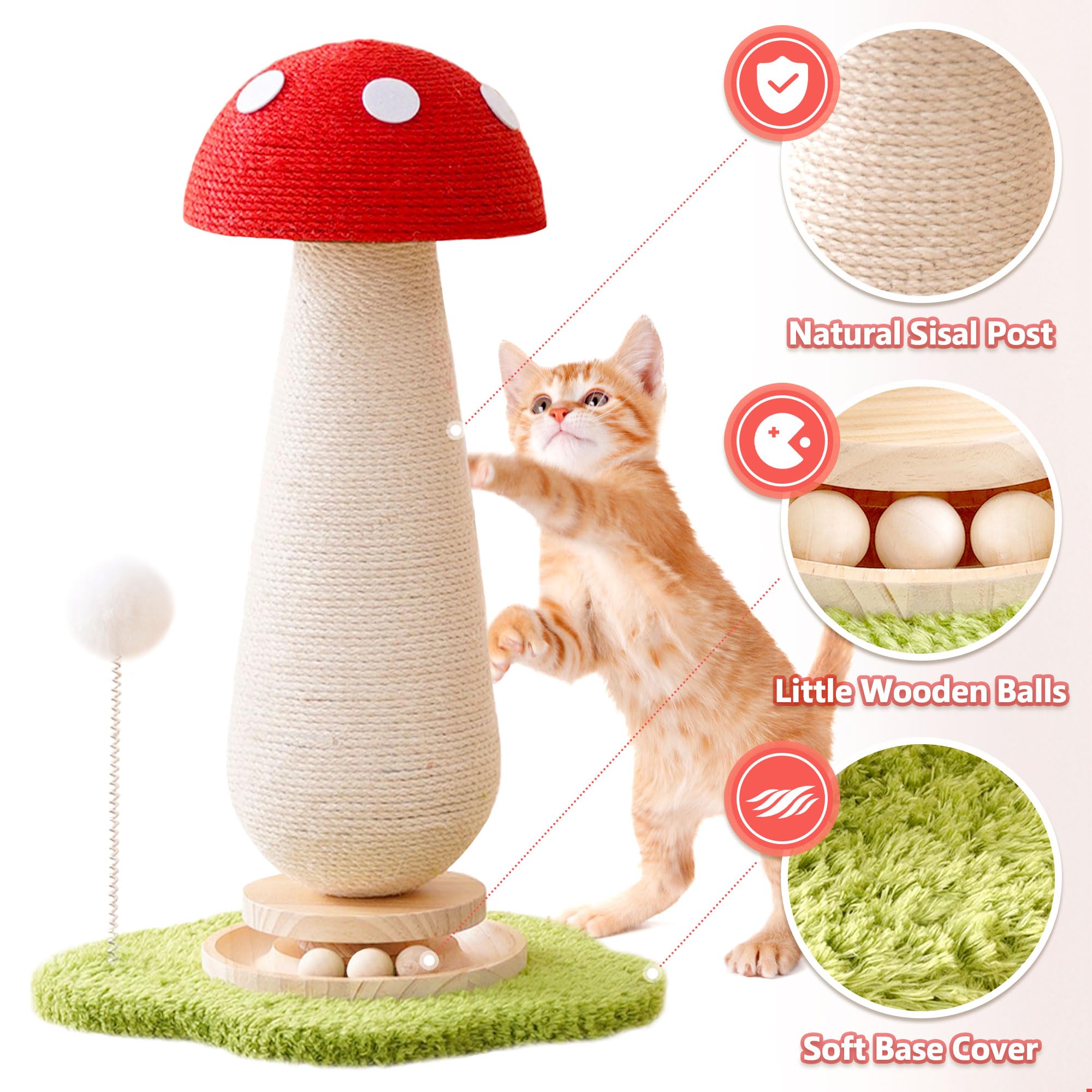 21.5 H Cat Scratching Post With Catnip,Cute Mushroom Cat Scratcher Post With Durable Natural Wooden Turntable Toy,Mushroom Shape