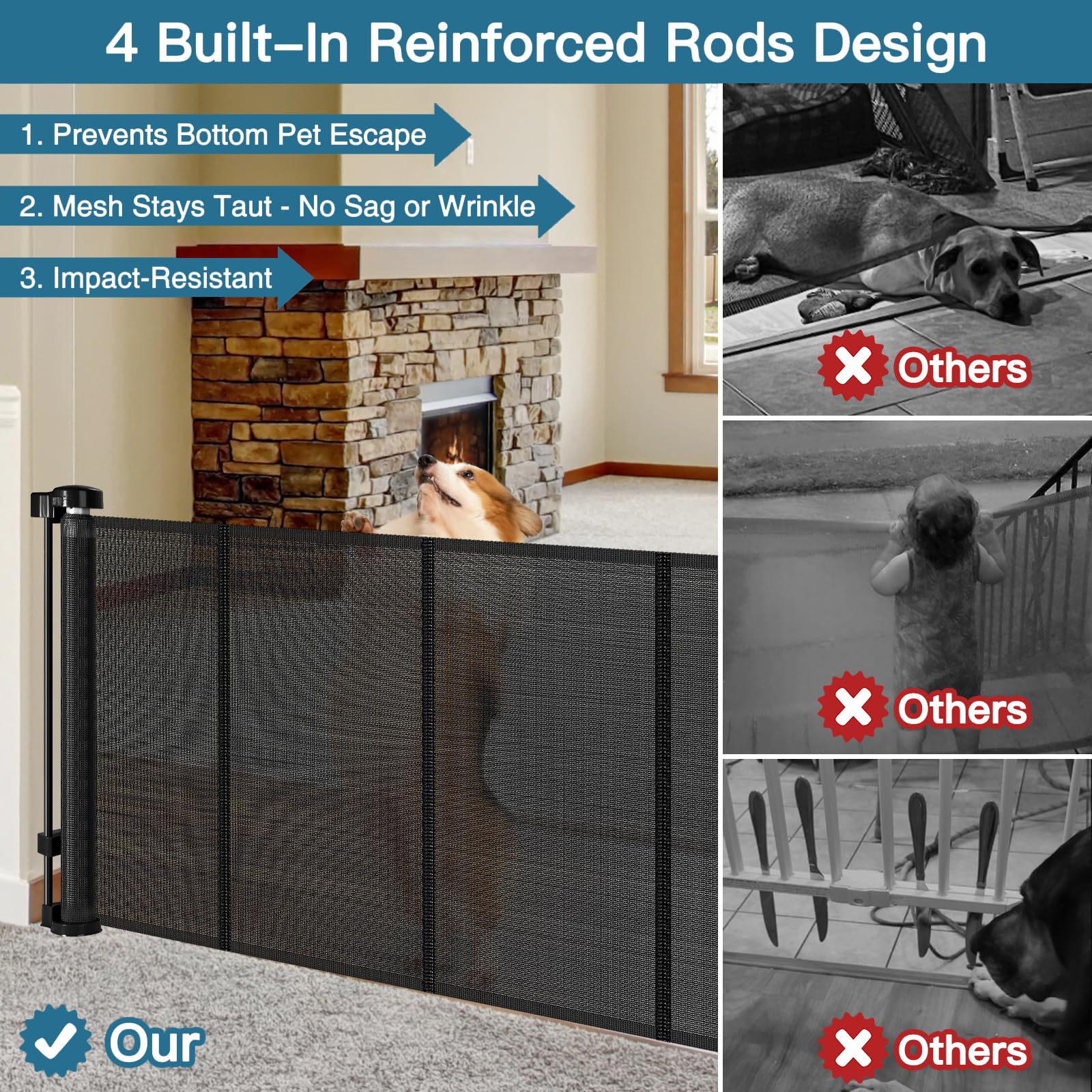Stcockis 28" Tall Retractable Dog Gate, 80" Wide PVC Mesh, Easy Step Over, Black