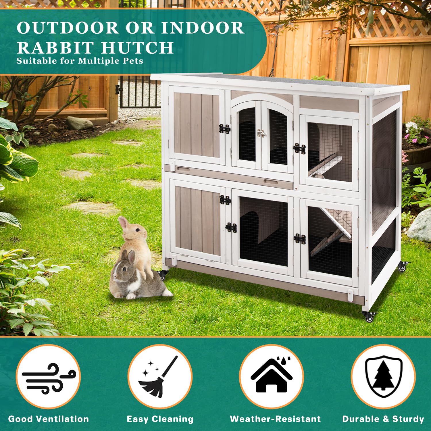 48'' L Rabbit Hutch Indoor And Outdoor 2-Story Rabbit Cage With Pull Out Tray,Fir Wood Pet House With Wooden Ramp,Waterproof Bun