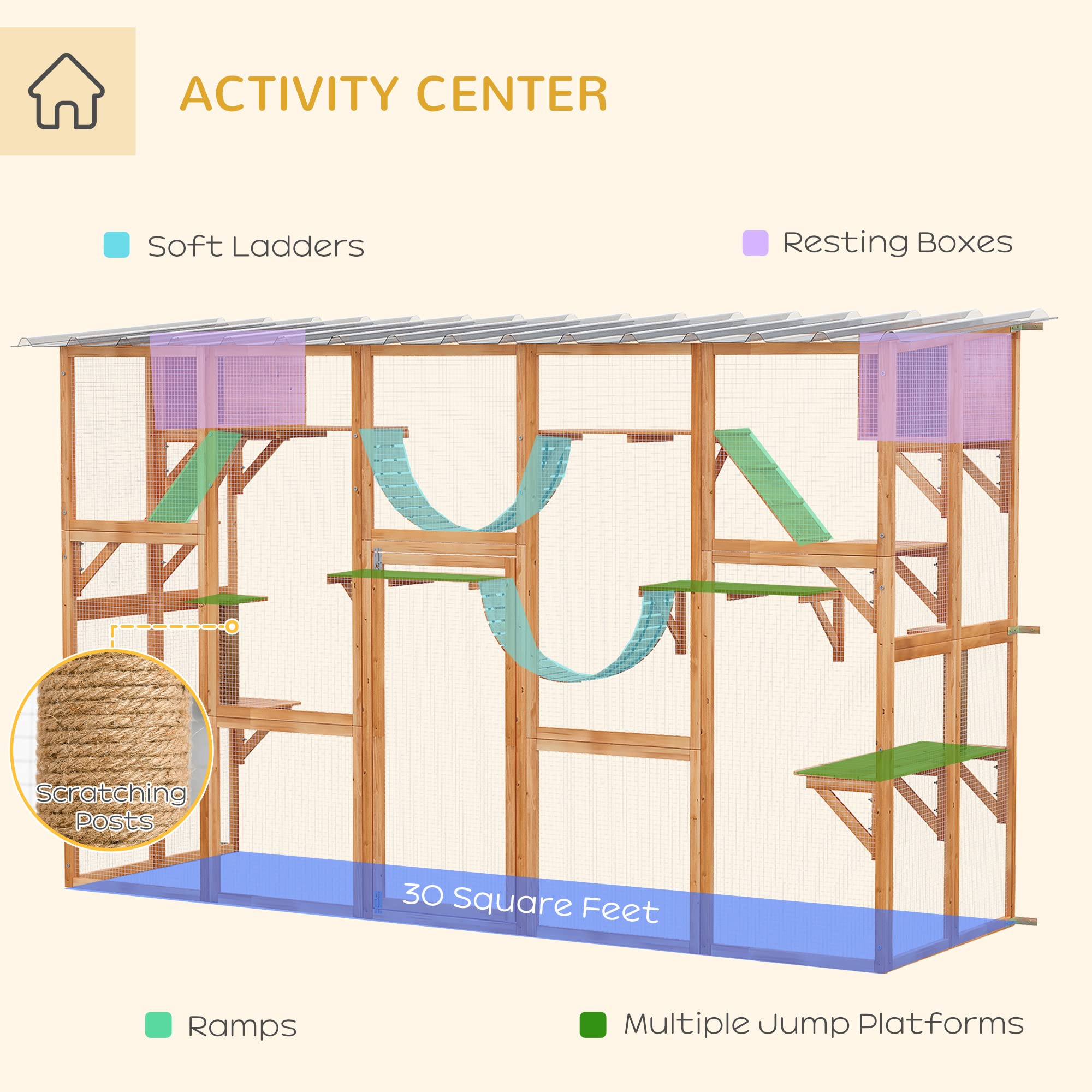 Pawhut Catio Playground Cat Window Box Outside Enclosure, Outdoor Cat House With Weather Protection Roof For Multiple Kitties, Wooden Frame, Shelves & Bridges, 118' X 37. 5' X 74', Orange