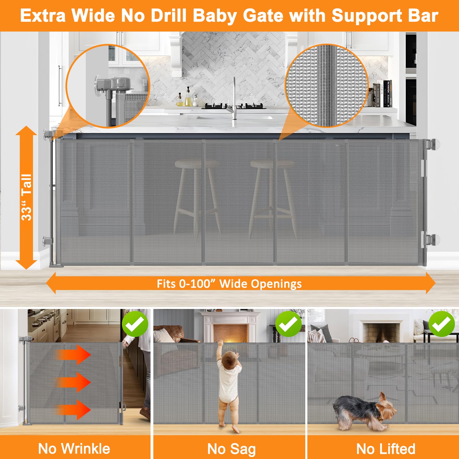 Reinforced No Drill 100'' Wide Retractable Baby Gates for Doorways No Drilling Extra Long Baby Gates Indoor Extra Long Retractab