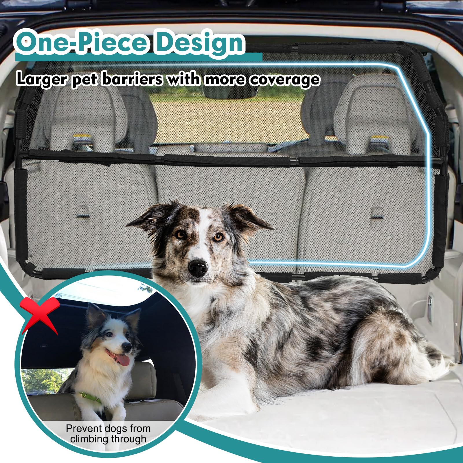 Dog Car Barrier Escape-Proof, 56'' Wide Divider for 2nd 3rd Row Seats & Cargo Area, Durable Back Seat Gate Trunk Barrier with Se