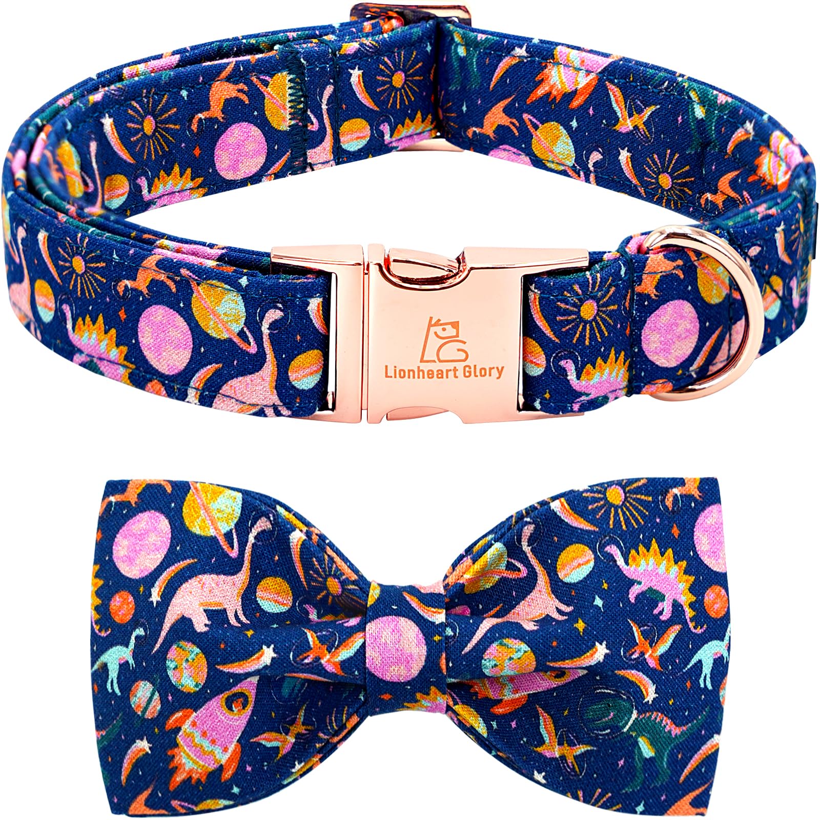 Lionheart Glory Dog Bow Collar Dinosaurs Pattern Cute Collars For Small Dogs,Soft Duty Adjustable Dog Collar With Bowtie Spring 