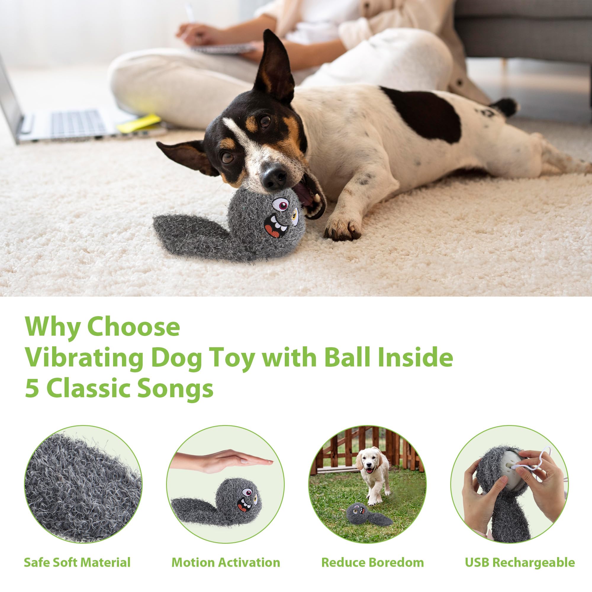 PETGEEK Interactive Squeaky Dog Toy, Automatic Moving Vibrating Dog Balls with Plush Cover, Rechargeable Perro Juguetes with Rec