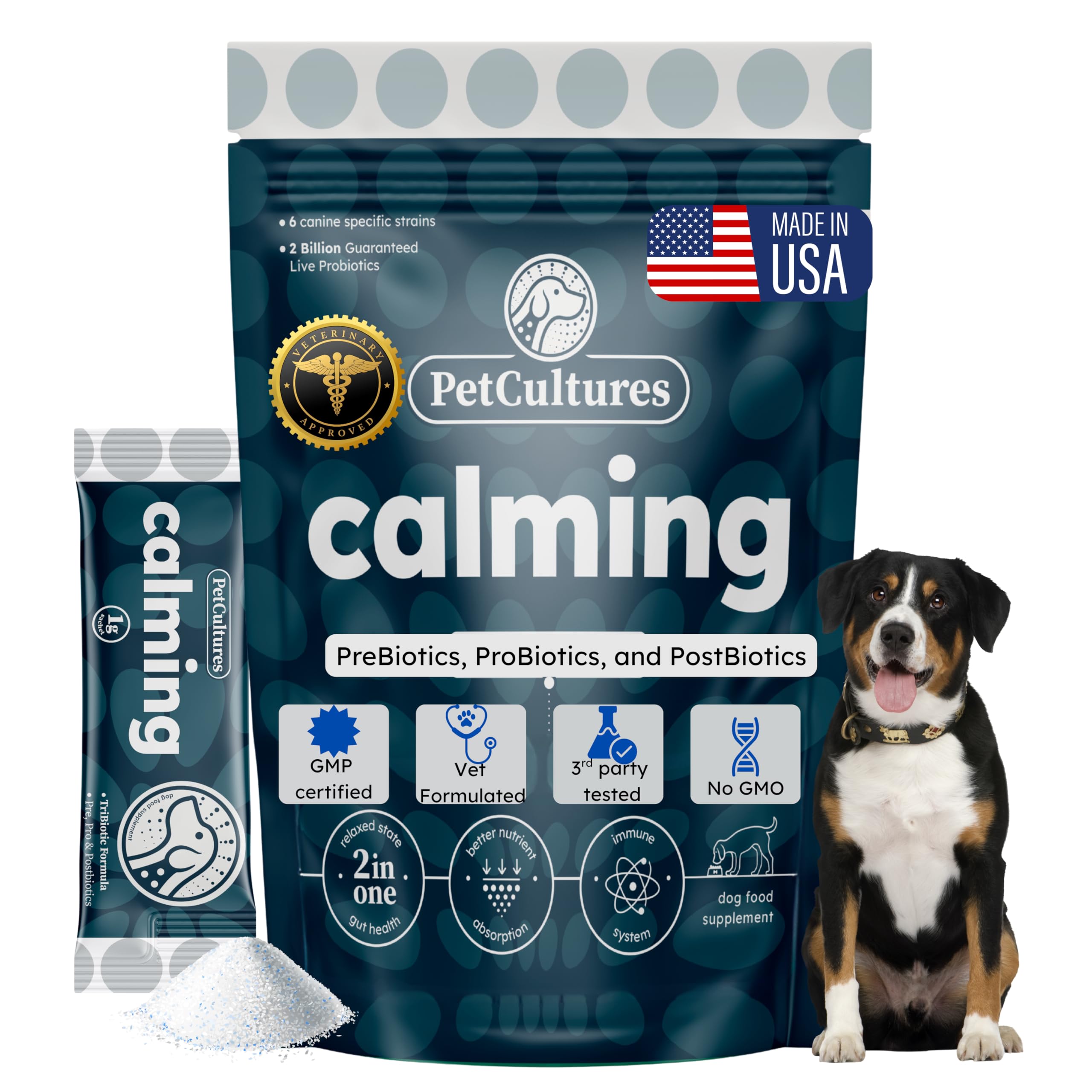 PetCultures Calming Tribiotic Dog Supplement Powder - Supports Stress, L-Tryptophan, L-Theanine, and Gut-Brain Axis Balance - Ma