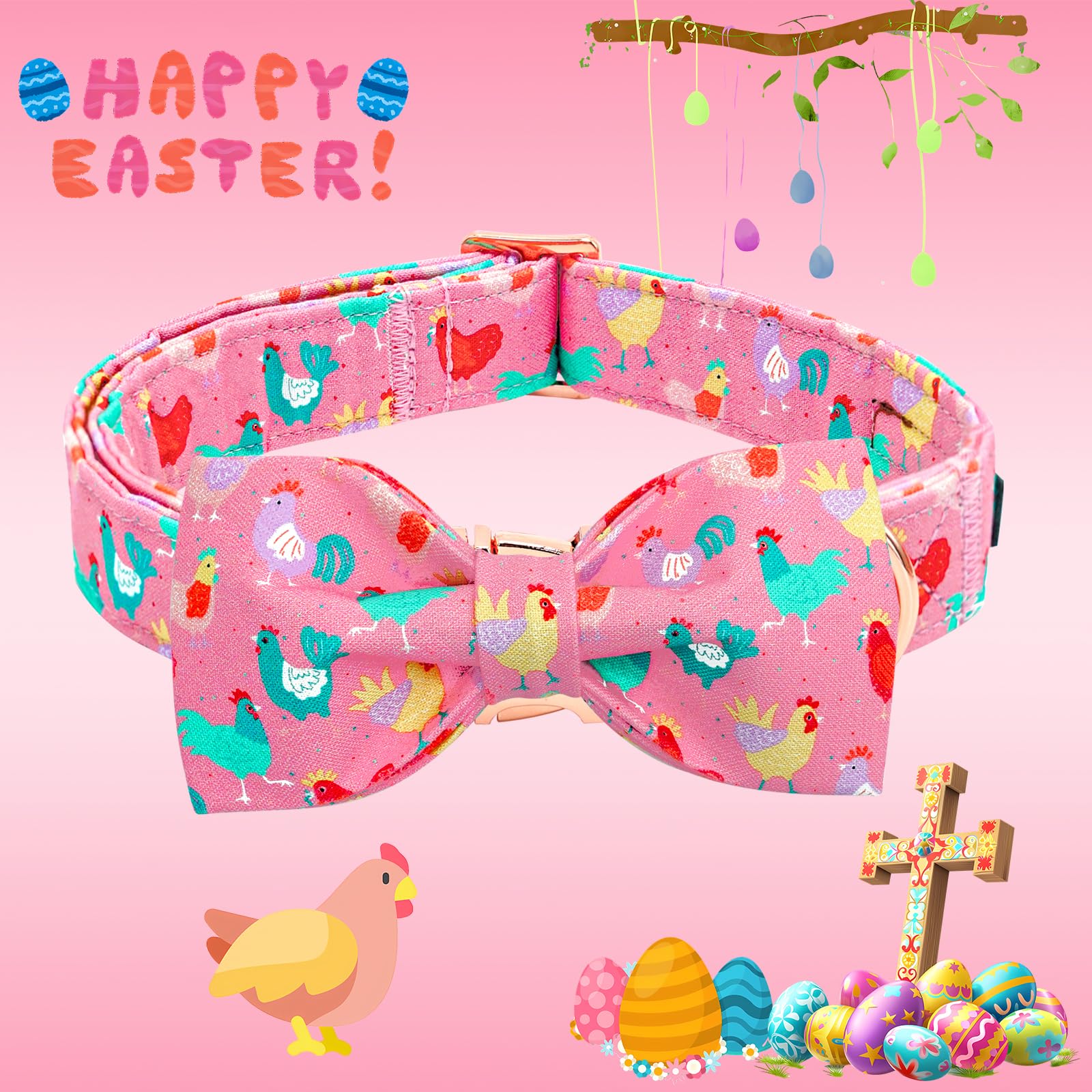 Lionheart Glory Dog Bow Collar Easter Day Dog Collar For Small Dogs,Easter Chickens Colorful Dog Collars With Bowtie Spring Pink