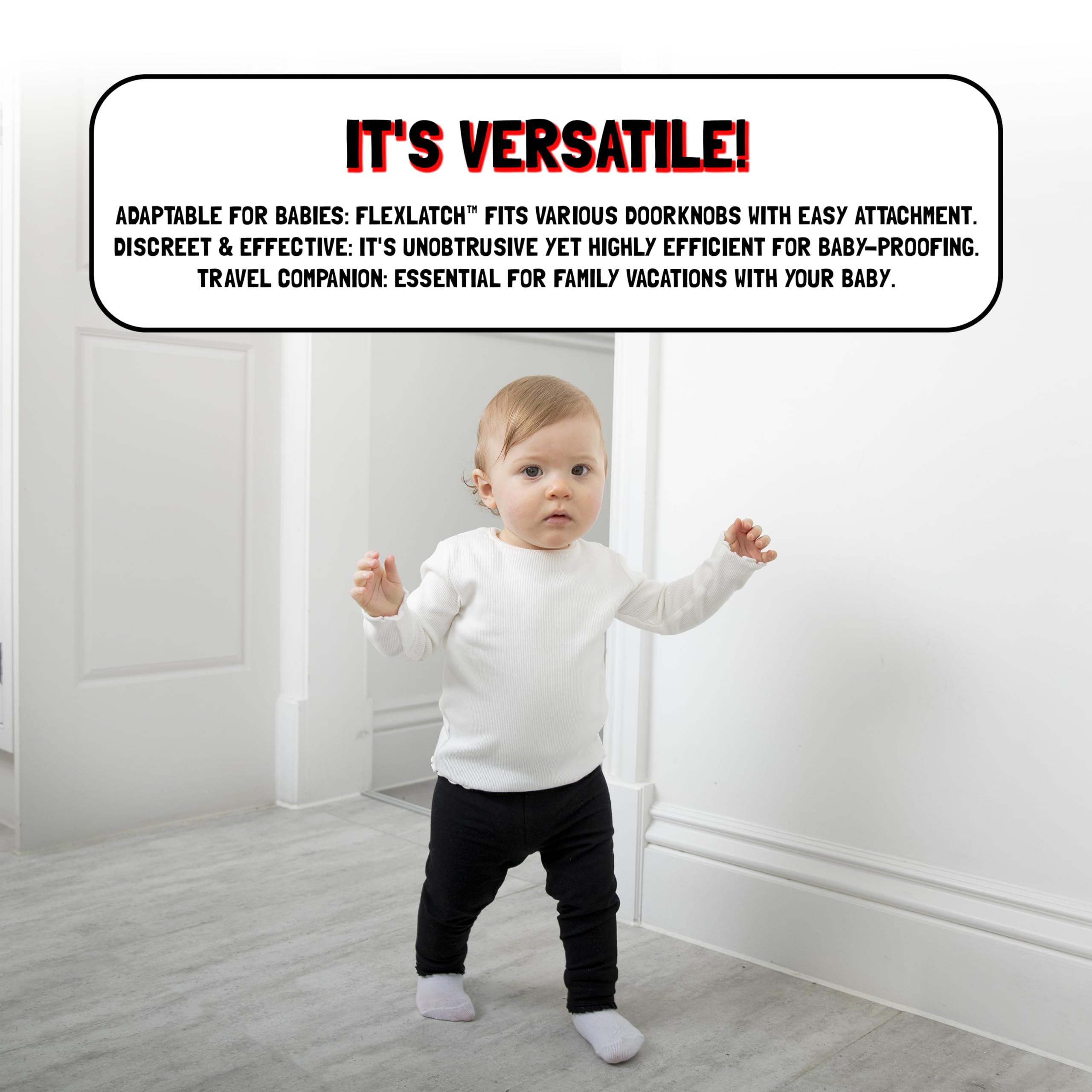 Flexlatch Baby-Pet Door Holder Latch, Child Proof Door Lock, Flex Latch Strap, Lets Cats In And Keeps Children Out (White)