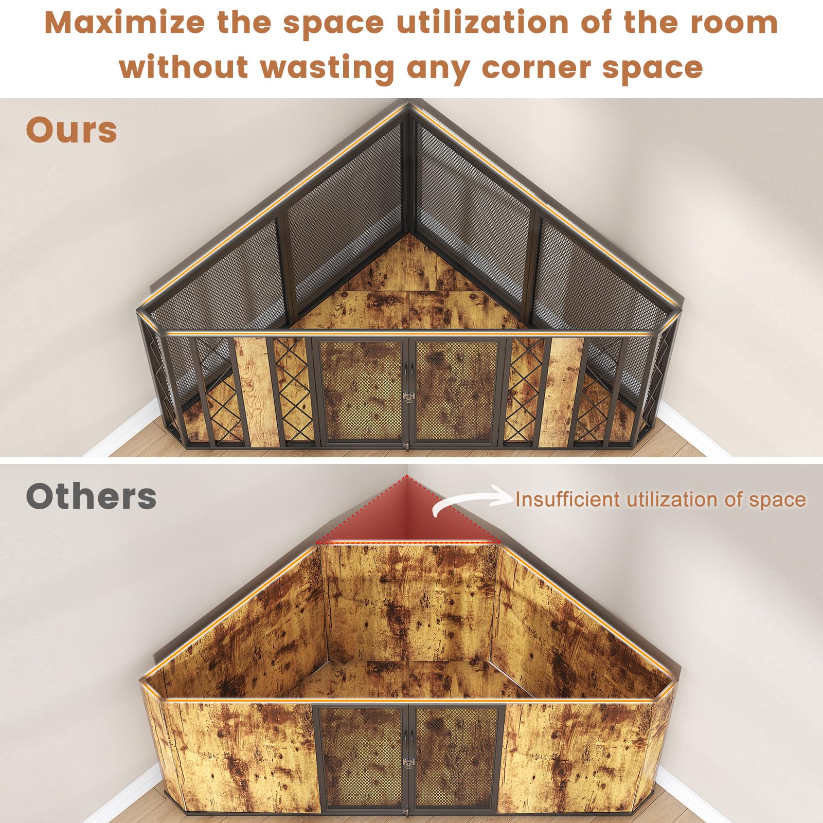 ?????????????? 67  XL Corner Dog Crate Furniture, Large Wooden Dog Kennel Furniture with 2 Doors, Decorative Dog Crate, Dog Kenn