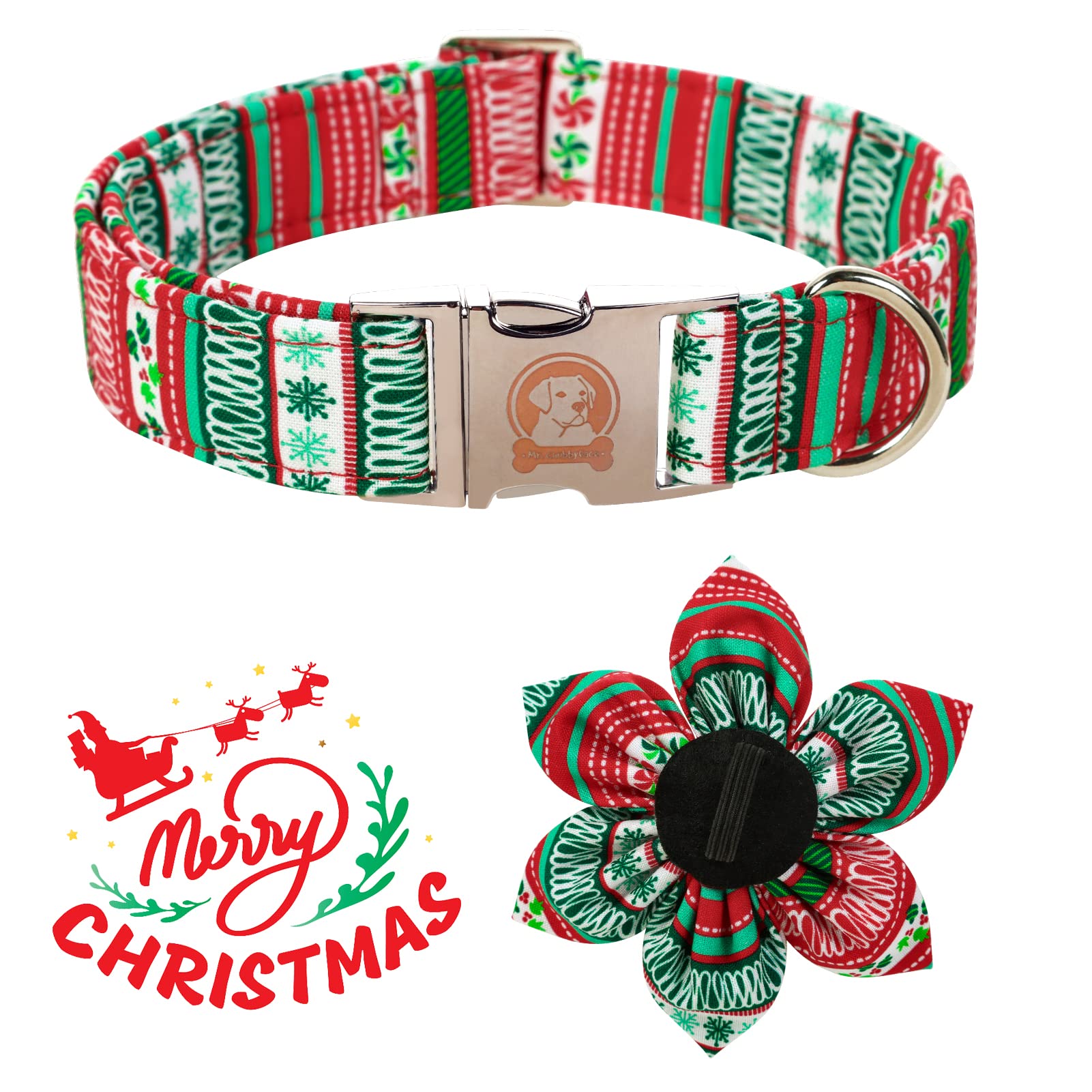 Mr. Chubbyface Christmas Plaid Flower Dog Collar For Boy Girl Dogs Adjustable Red Green Dog Collar With Flower For Small Medium