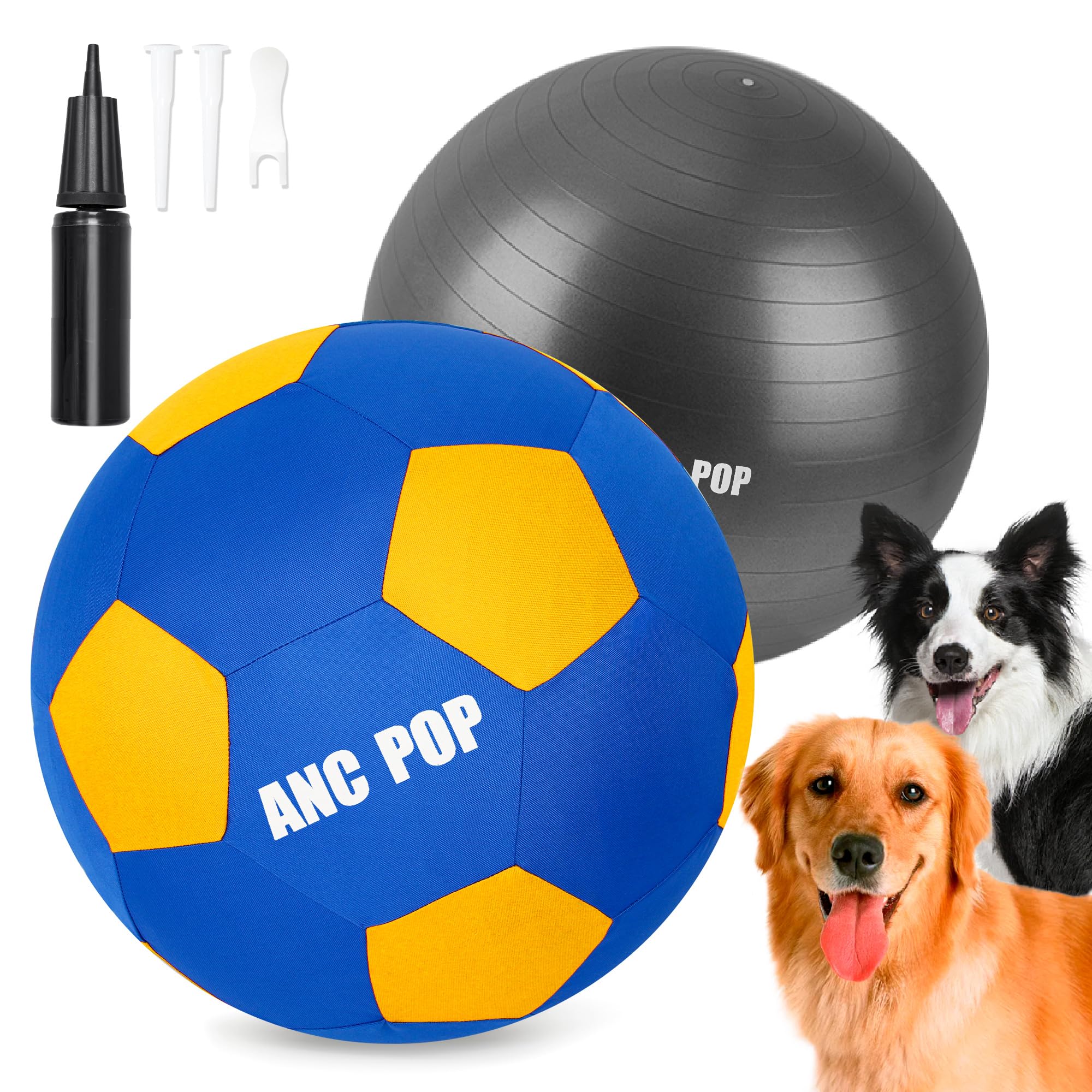 Anc Pop Herding Ball For Dogs & Horses - 20'' Large Blue & Yellow Ball With Hand Pump