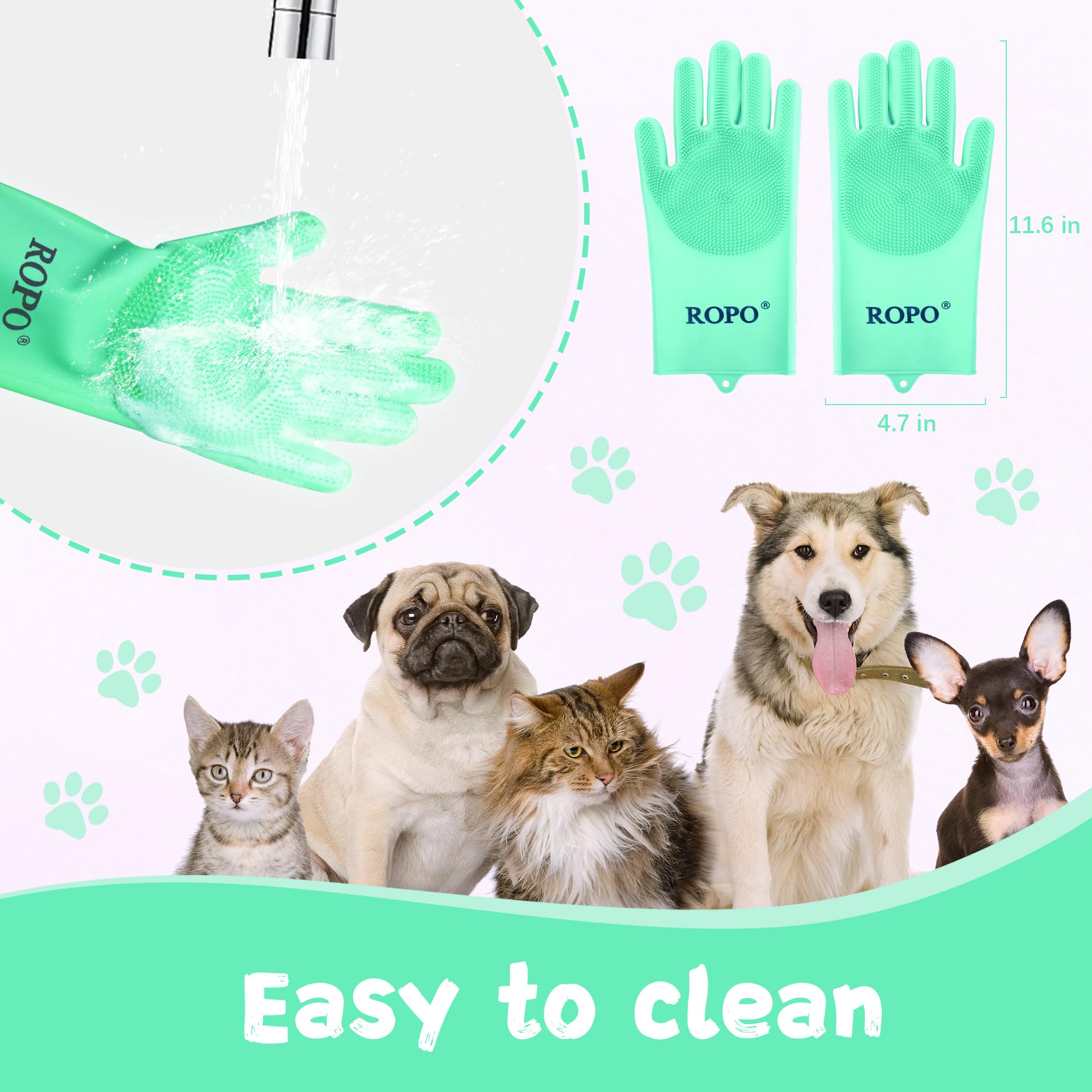 Ropo Silicone Gloves For Pet Grooming, Multi-Functional Gloves For Pet Hair Shedding, Bathing, And Massage (Green)