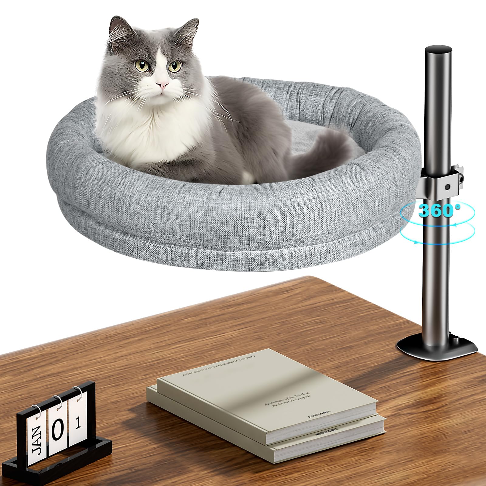 Cuipingoo Cat Bed - Desk Cat Nest With 360 Rotation & Adjustable Height - Soft & Comfortable - Indoor Cats Up To 40 Lbs (Grey)