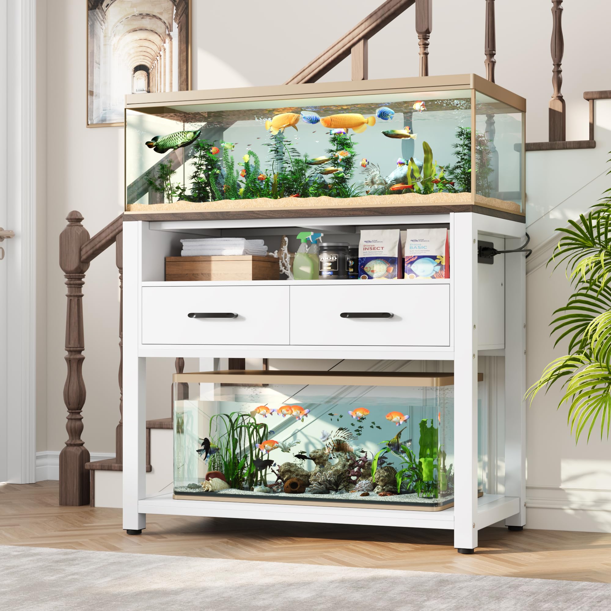 40-49 Gallon Fish Tank Stand with Two Storage Drawers, Heavy Duty Aquarium Stand with Waterproof Mat, Sturdy Metal Frame, 800 LB