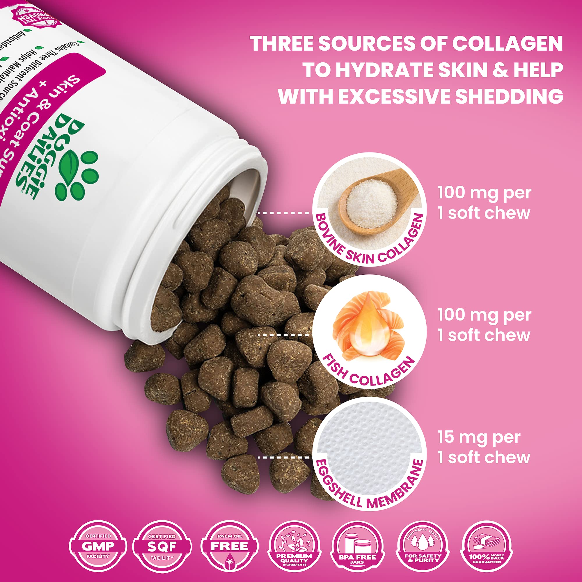 Doggie Dailies Skin & Coat Supplement + Antioxidant Support, 225 Soft Chews, Salmon Oil for Dogs Skin and Coat with Collagen, Om