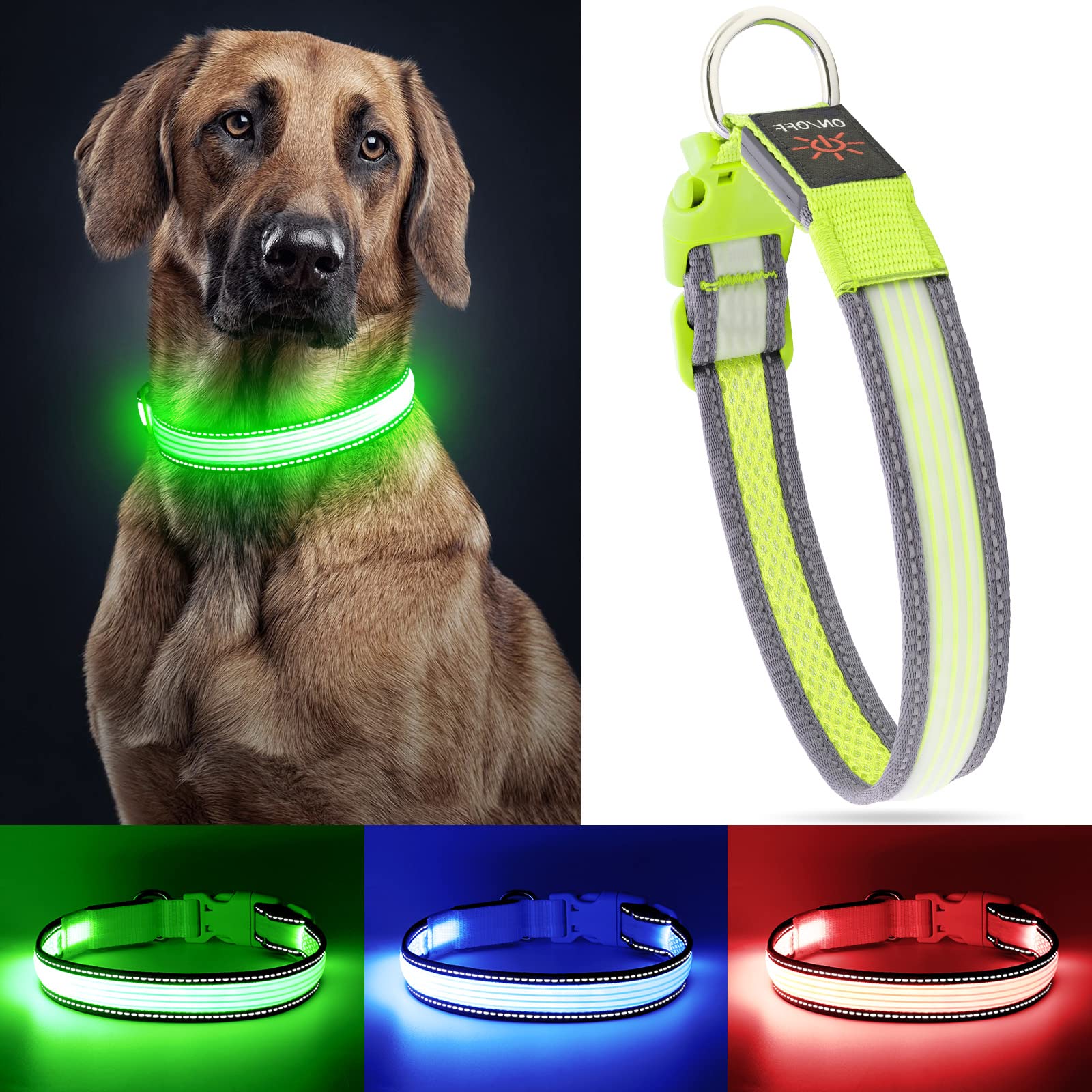 Yfbrite Full Adjustbale Led Dog Collar, Full Illuminated Light Up Dog Collars, Reflective Dog Collar Light Glowing In The Dark For All Dogs Safety (Medium, Green-2)
