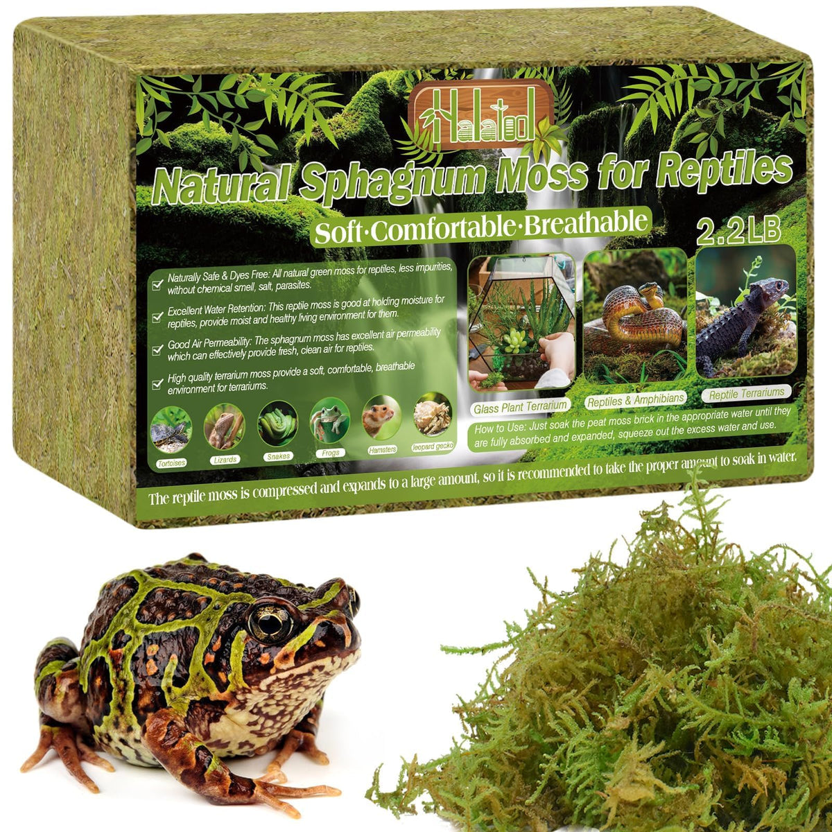 Halatool 2.2Lb Natural Sphagnum Moss For Reptiles- 50Qt Green Live Moss For Terrarium Plants Long Fiber Reptile Moss For Leopard