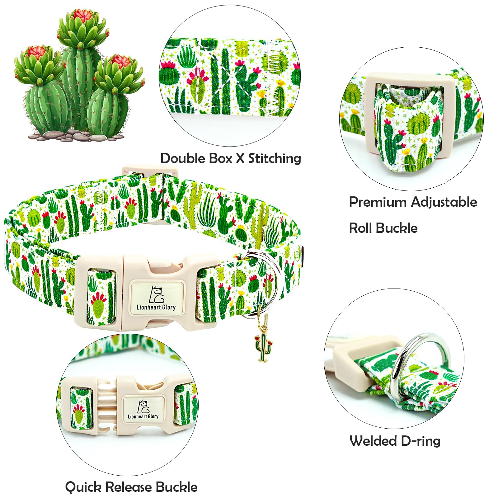 Lionheart Glory Dog Collar Green Cactus Print Collar For X-Small Dogs Spring Summer Female Or Male Collars Pet Gift Adjustable H