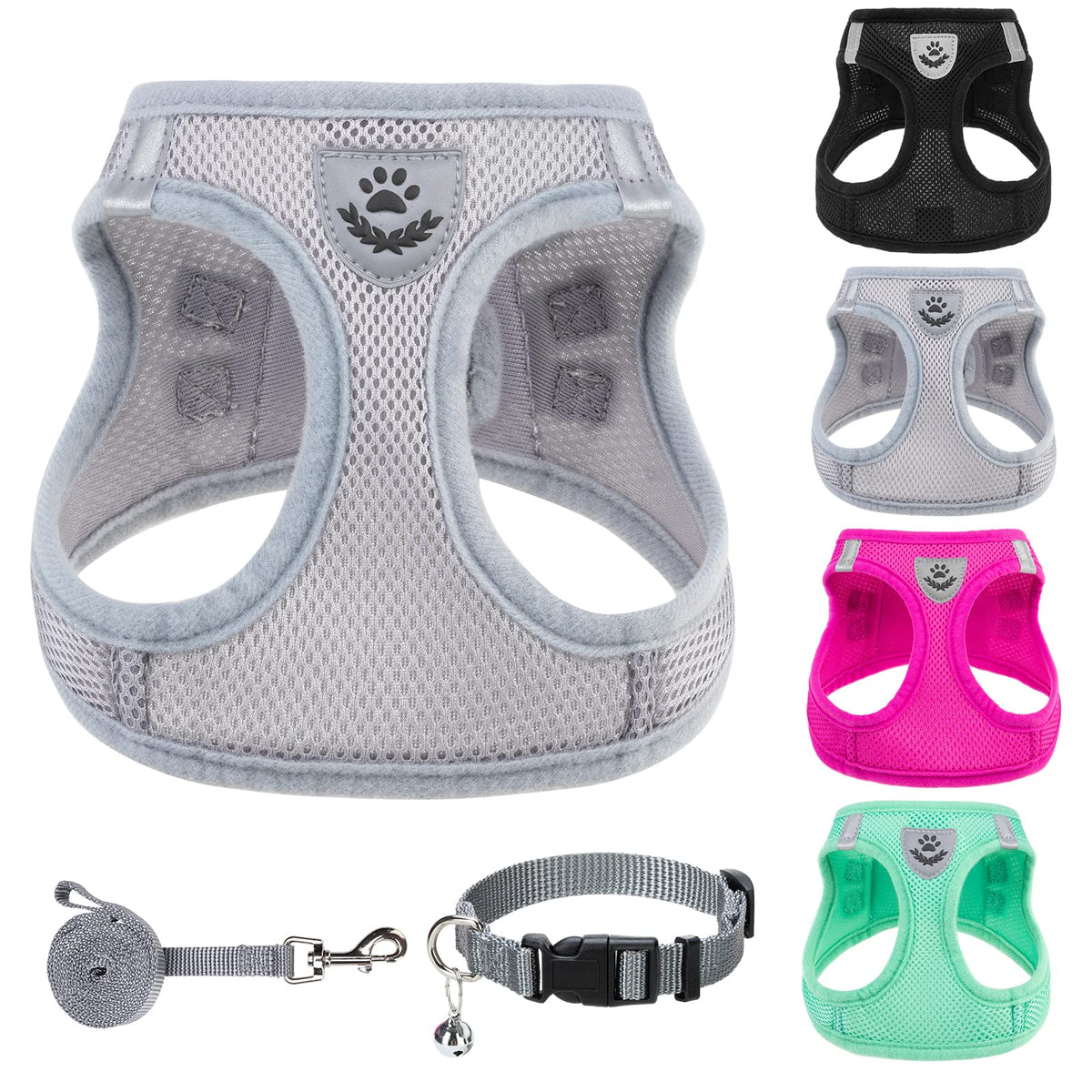 Pupteck Adjustable Dog Harness Collar And Leash Set Step In No Pull Pet Harness For Small Medium Dogs Puppy And Cats Outdoor Walking Running, Soft Mesh Padded Reflective Vest Harnesses, Solid Grey M