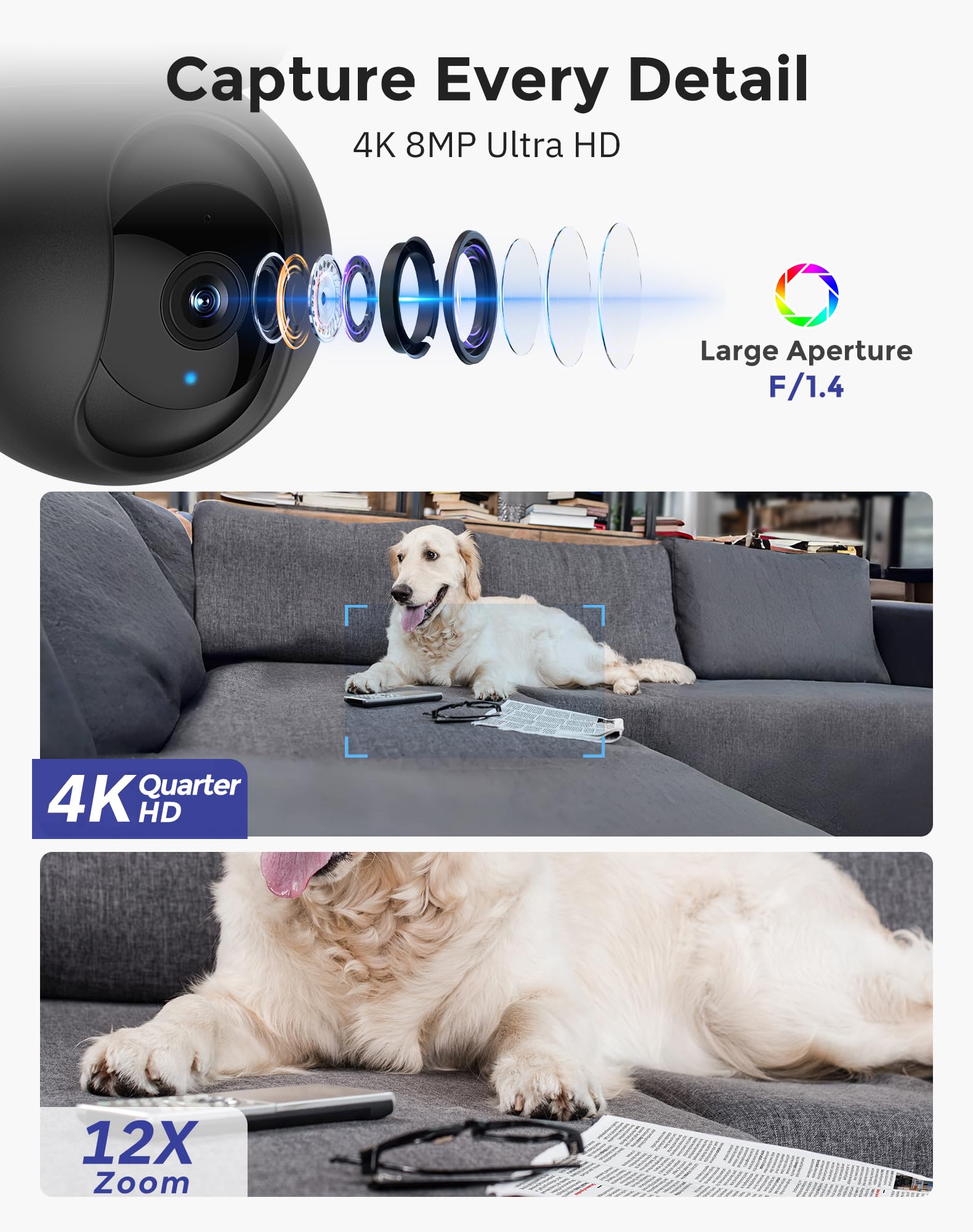Hugolog 4K 8MP Indoor Pan/Tilt Security Camera with Auto-Focus,Ideal for Baby Monitor/Pet Camera/Home Security,Starlight Color N