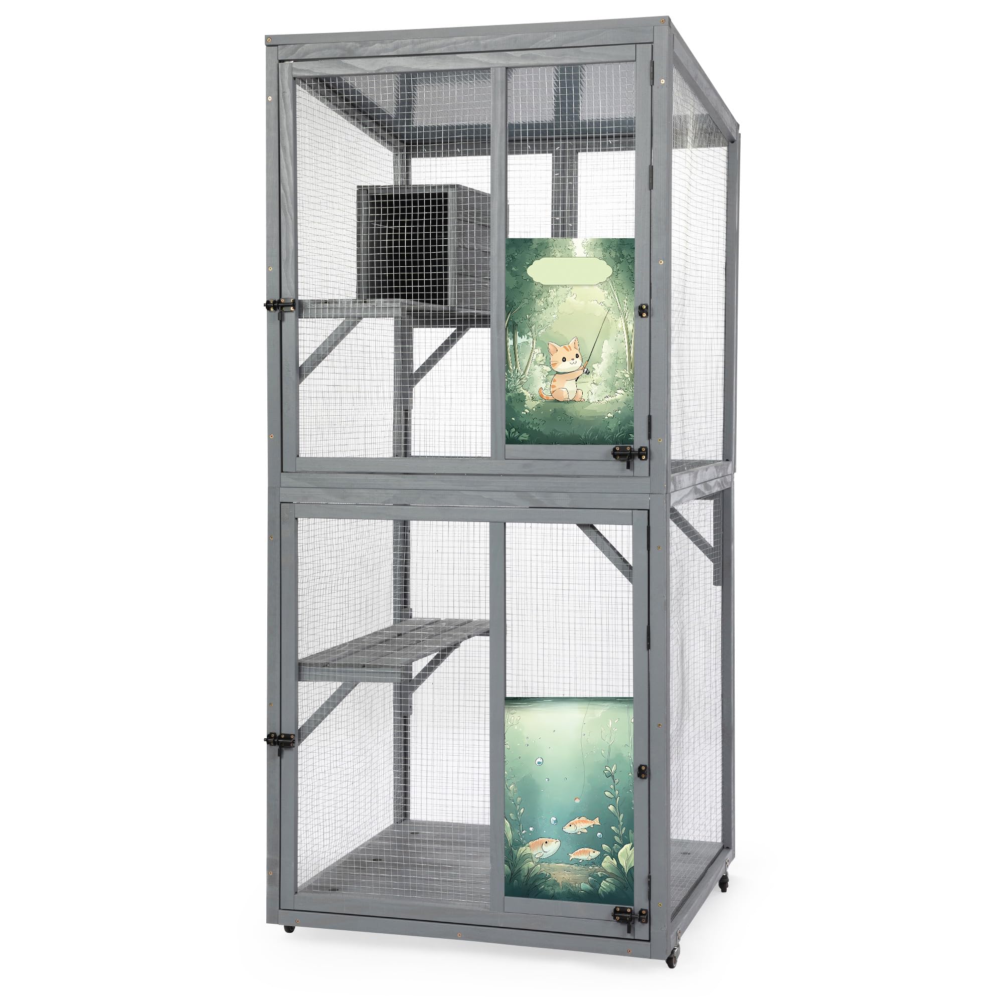 Coziwow Large Catio Outdoor Cat Enclosure Window Access, Outdoor Cat House With Wheels, Cage For Cats Indoor (Grey, Extra Large)