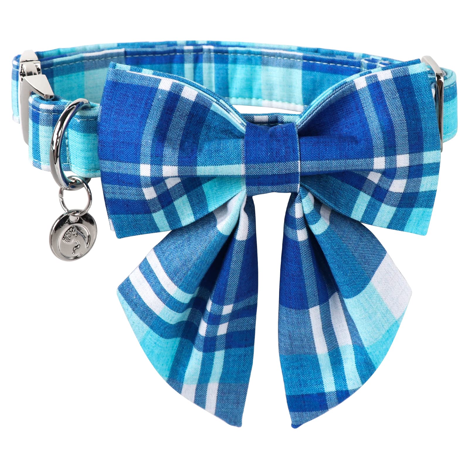 Dogwong Cotton Blue Plaid Dog Collar, Cotton Dog Collar With Bow Cute Boy Dog Collar Puppy Necklace For Female Small Medium Larg