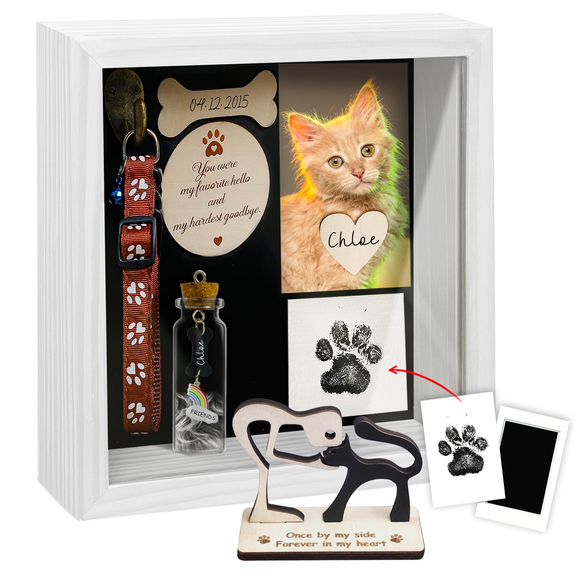 8.6'' Pet Memorial Shadow Box Gift Collar Holder White Picture Frame Paw Print Kit Rainbow Fur Ashes Bottle Pet Wood Sculpture S